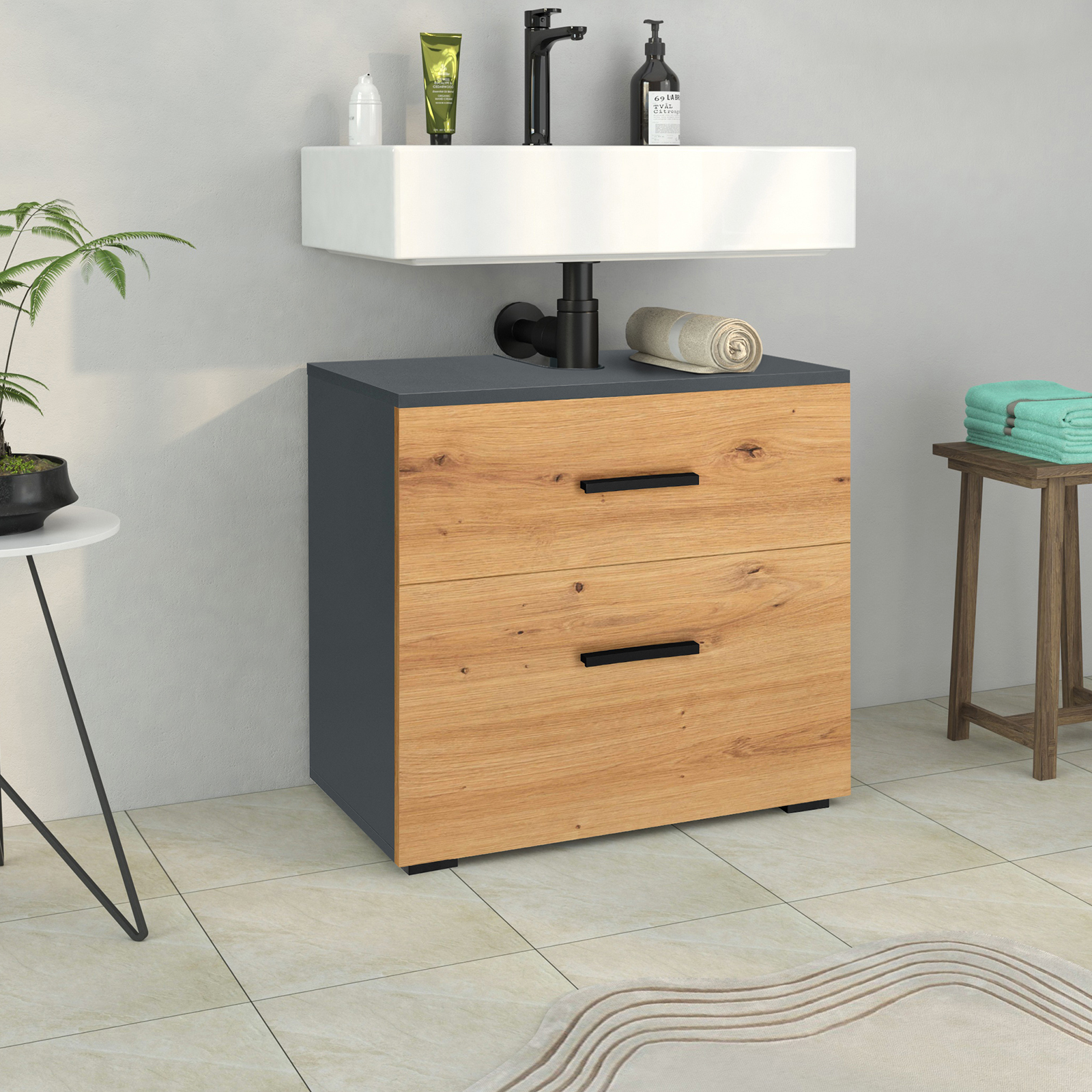 Armário com lavatório de apoio próprio para casa de banho Larlori 100 (Antracite + Carvalho)