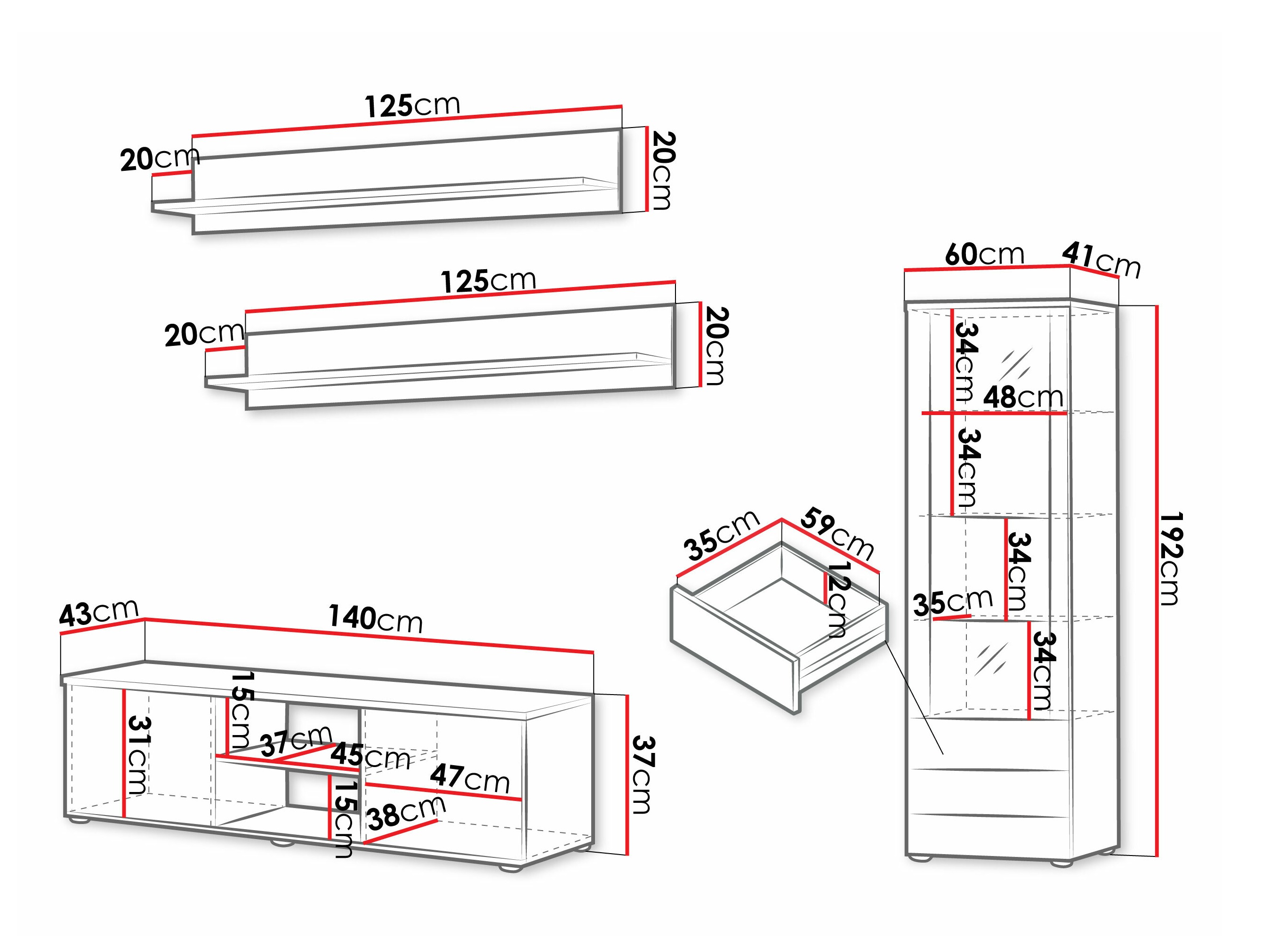 Conjunto para sala de estar Tornola 110 (Branco + Branco brilhante)