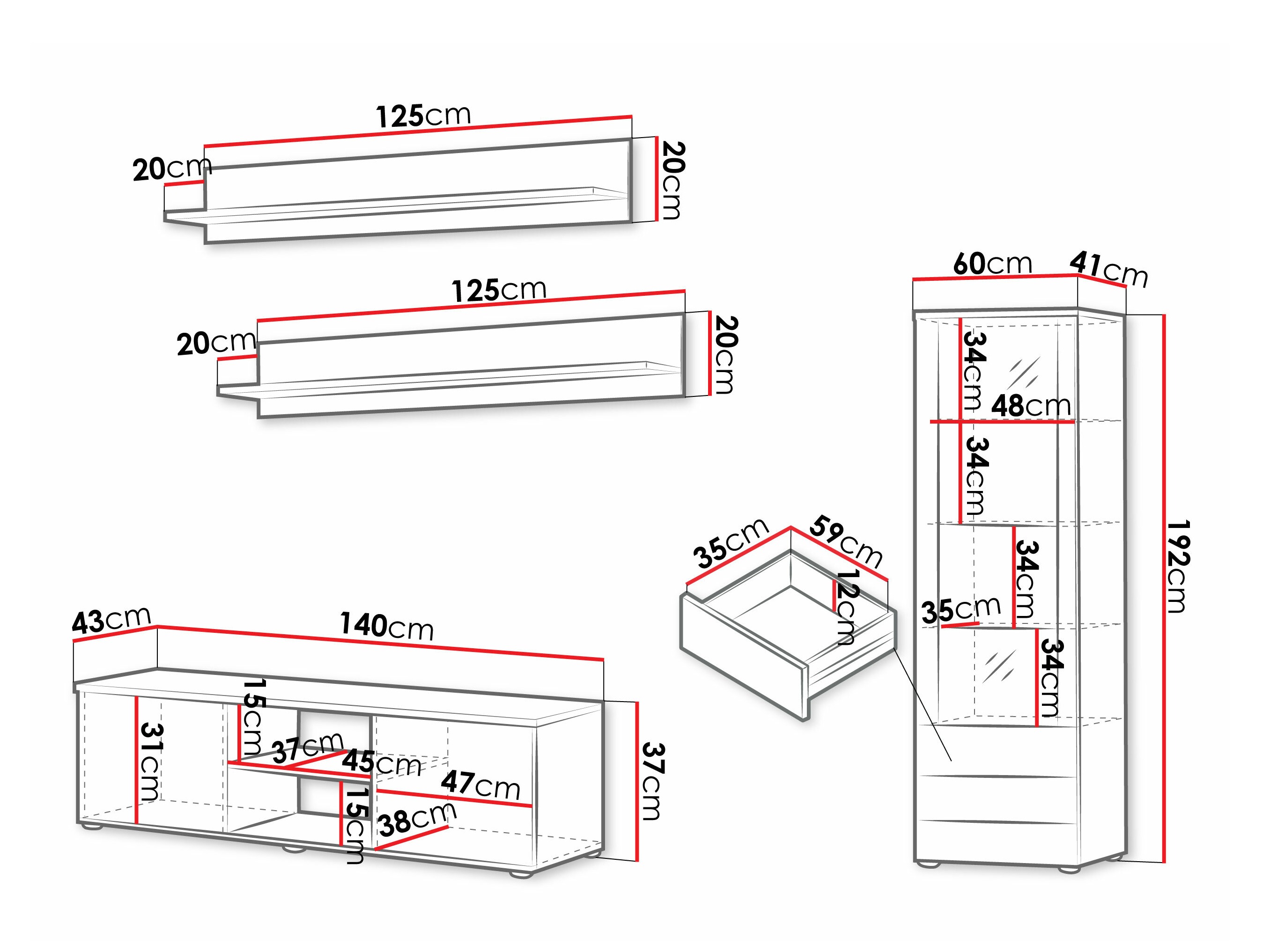 Conjunto para sala de estar Tornola 110 (Preto + Preto brilhante)