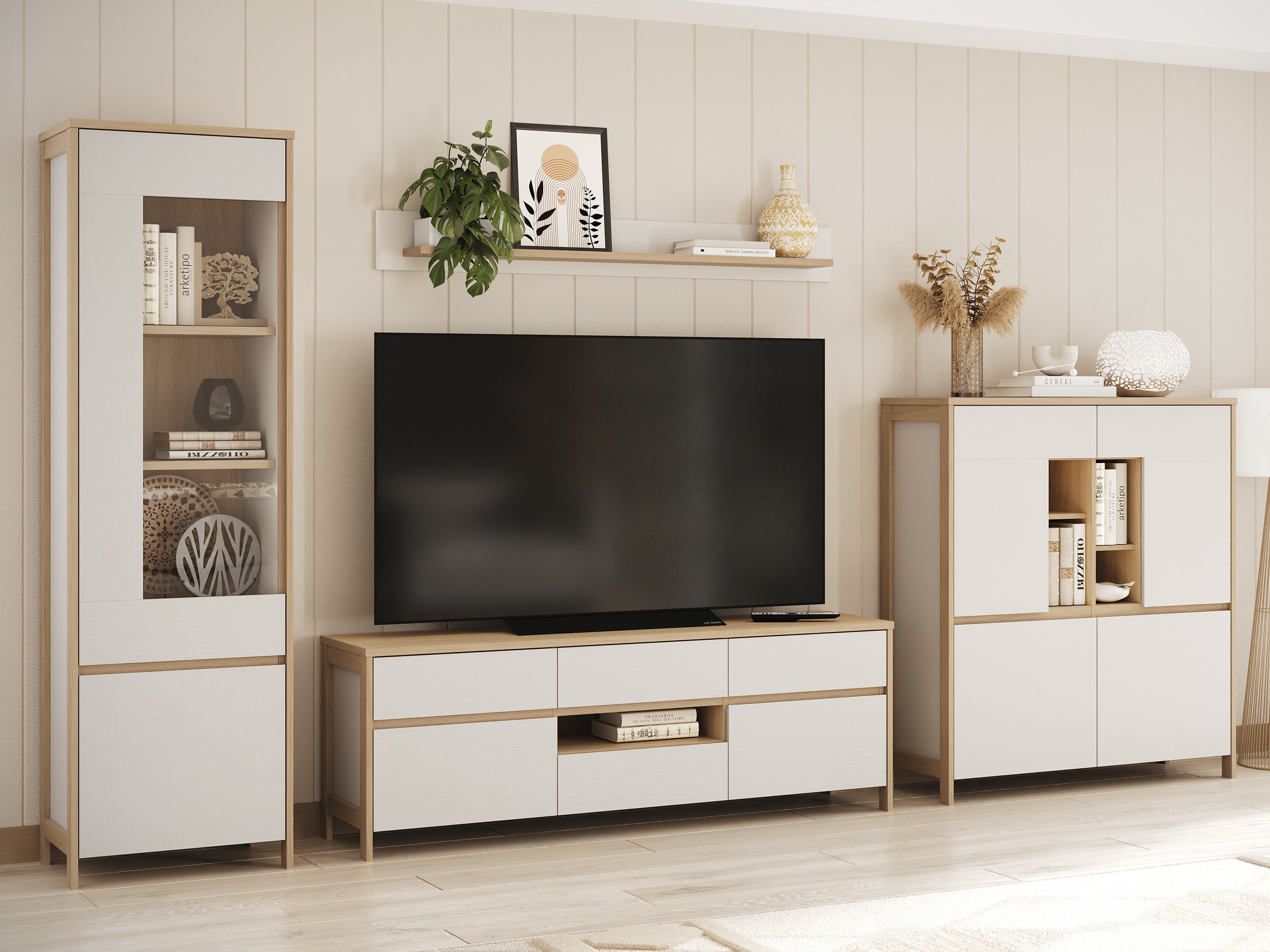 Conjunto para sala de estar Fermaru 110 (Branco + Carvalho)