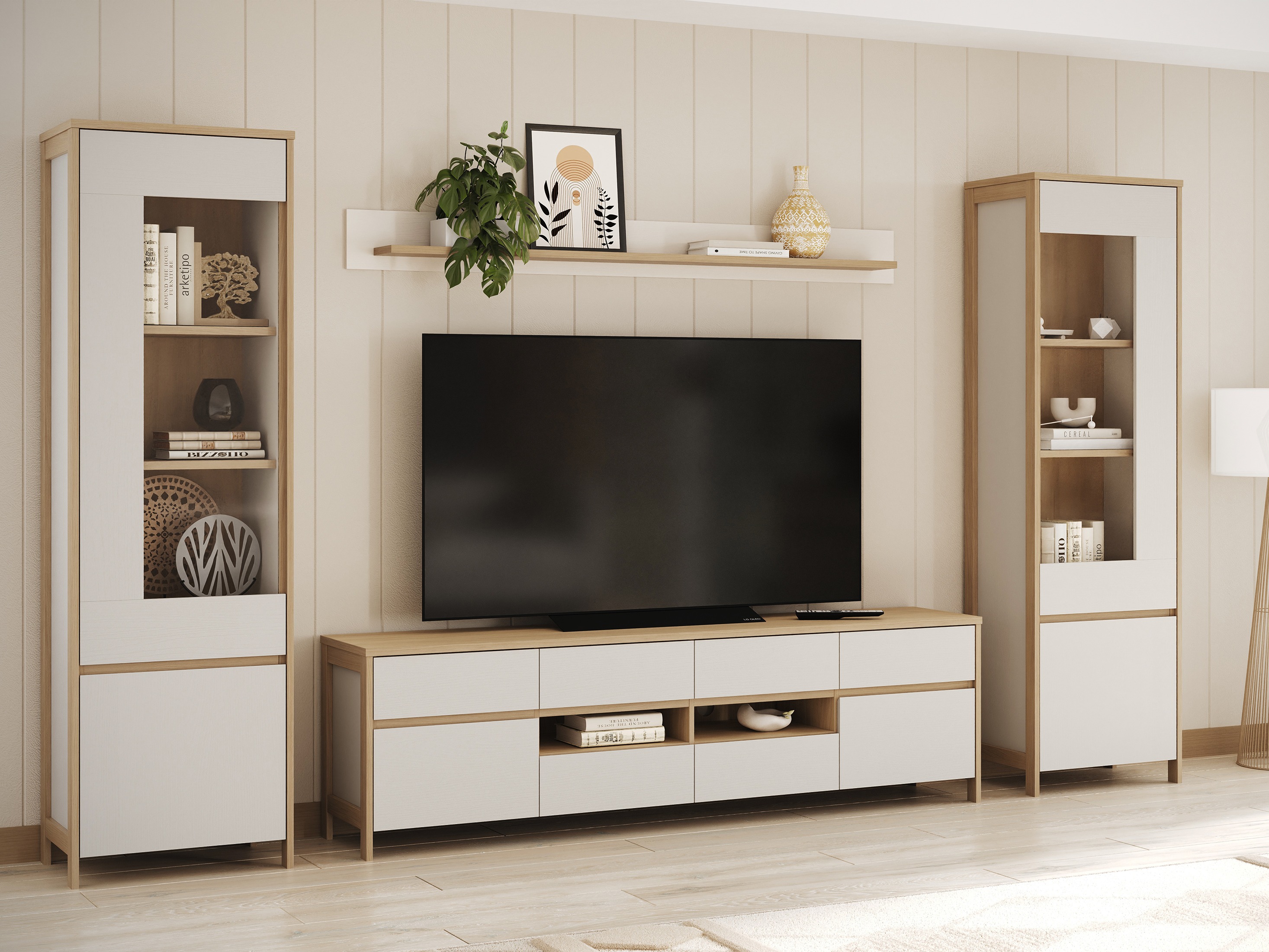 Conjunto para sala de estar Fermaru 111 (Branco + Carvalho)