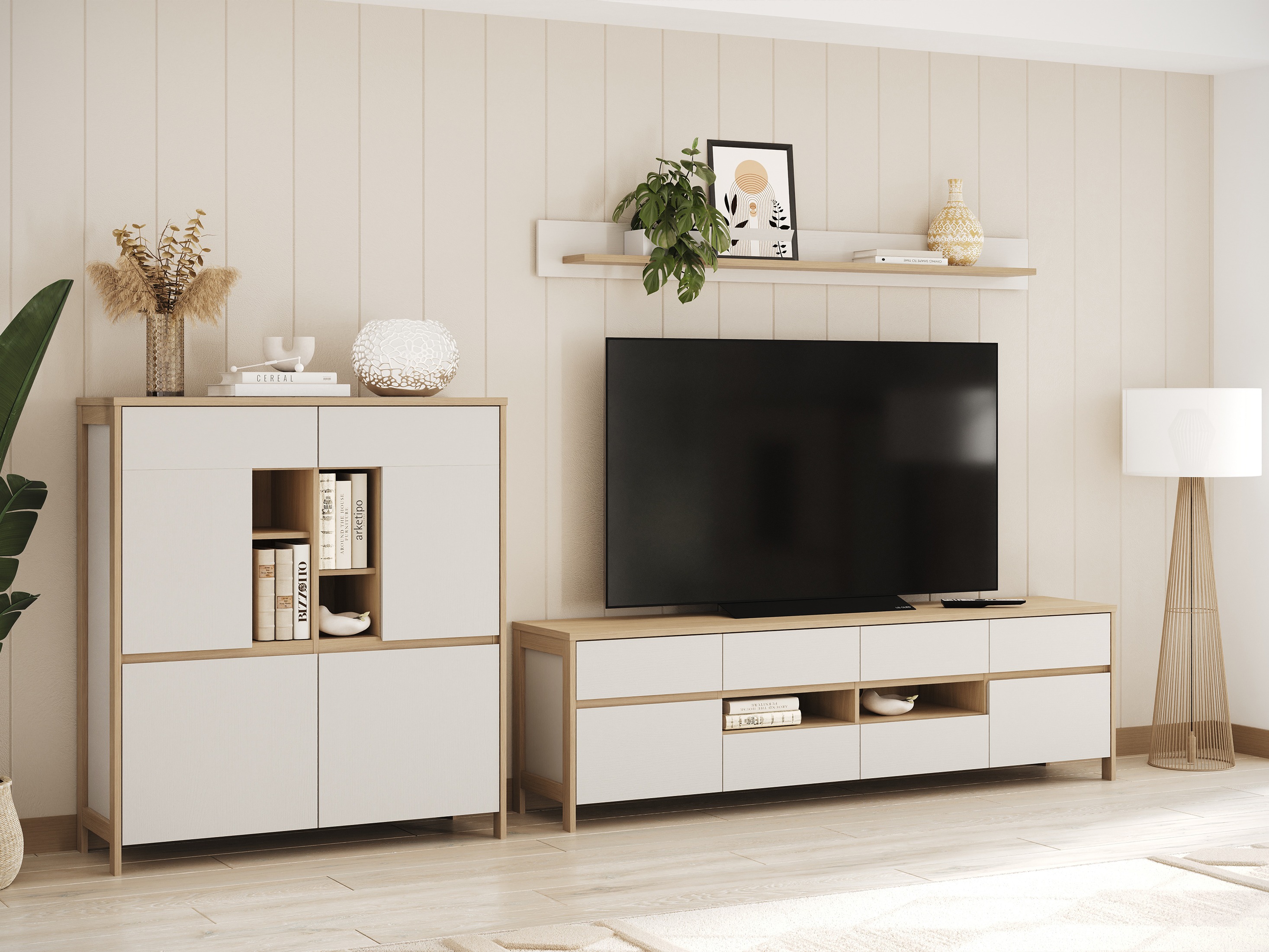 Conjunto para sala de estar Fermaru 112 (Branco + Carvalho)