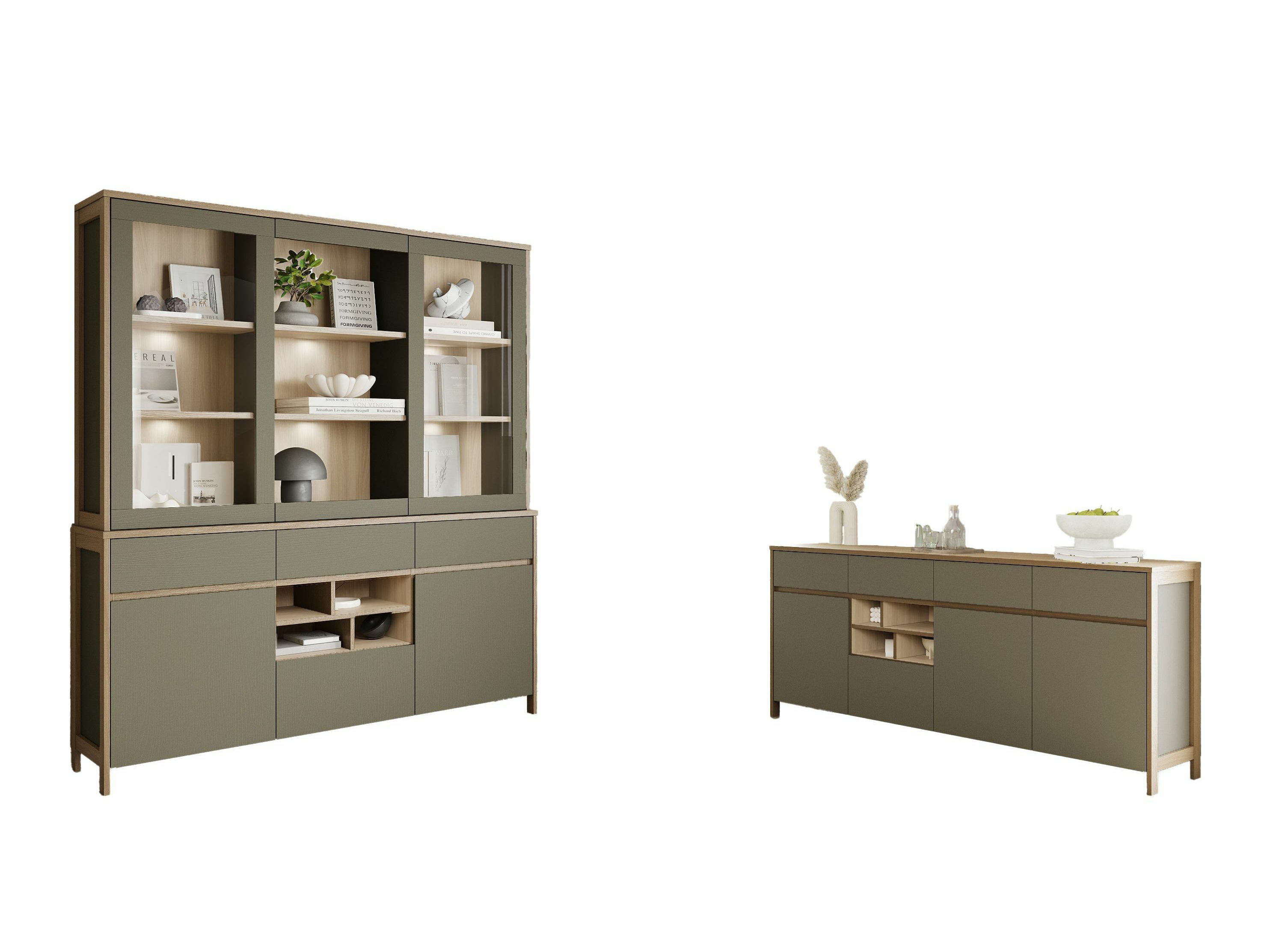 Conjunto de mobiliário Fermaru 114 (Verde empoeirado + Carvalho)