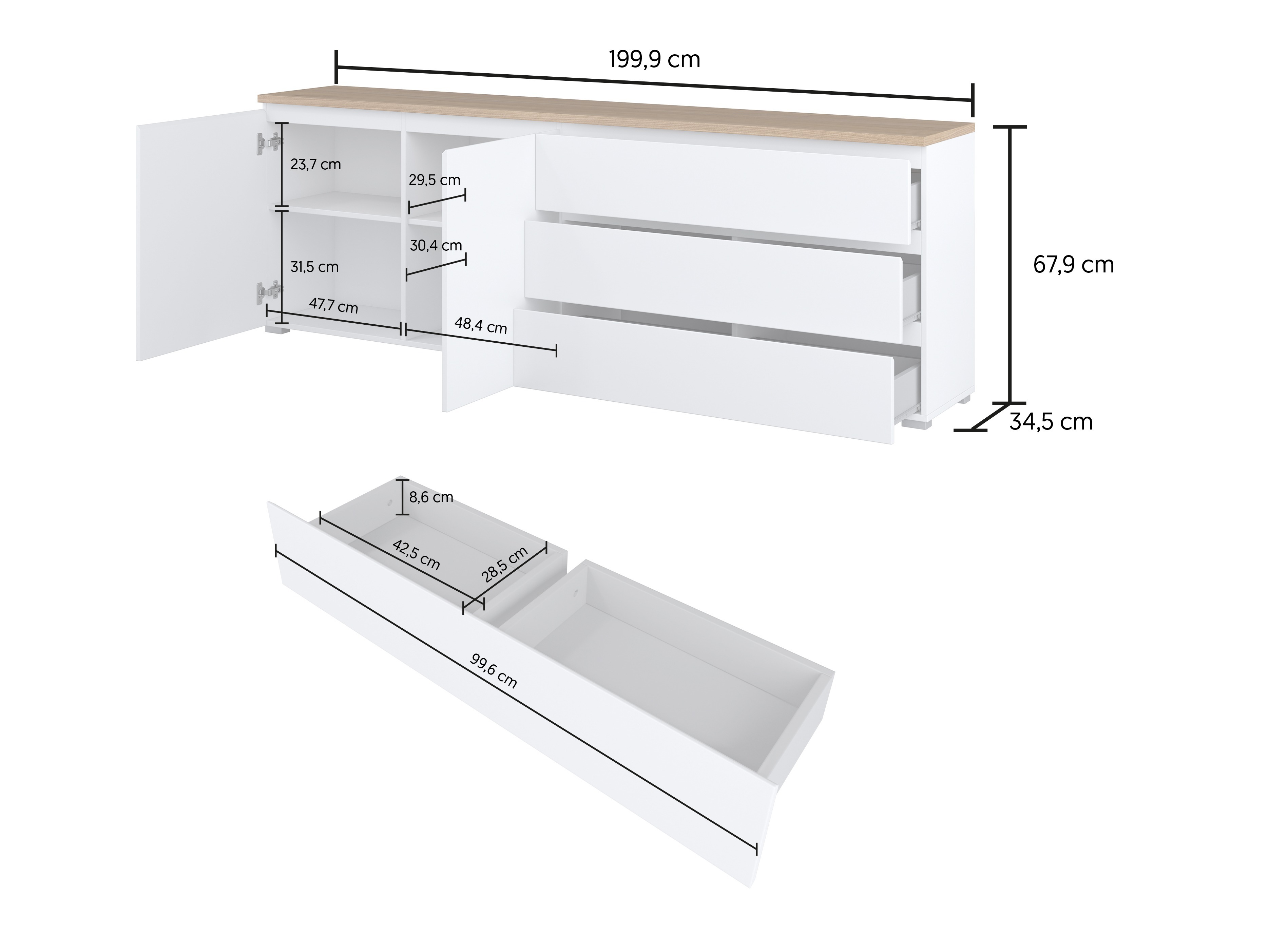 Cómoda Baletu 107 (Branco + Carvalho)