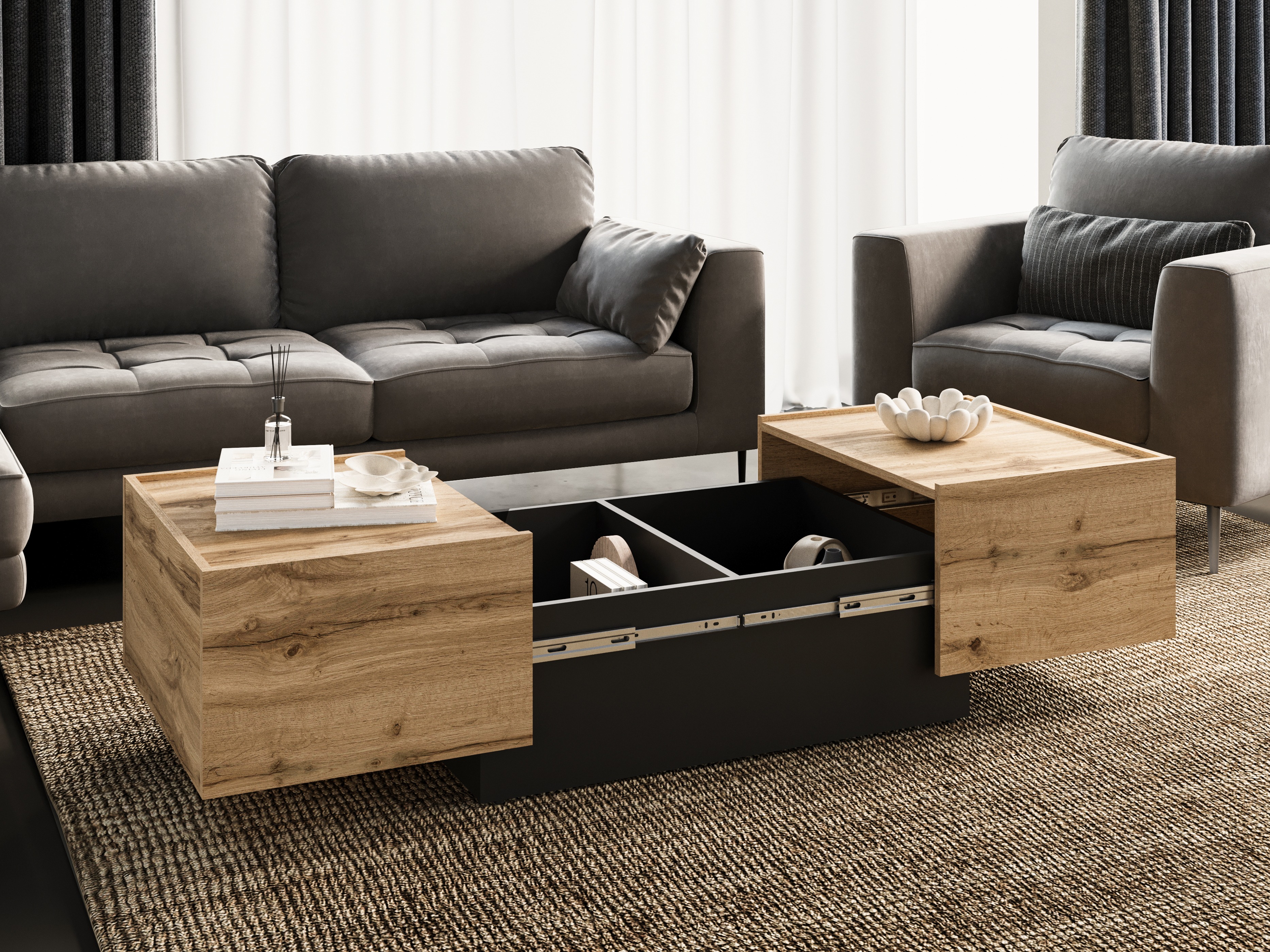 Mesa de centro extensível Austin 380 (Carvalho wotan + Preto)