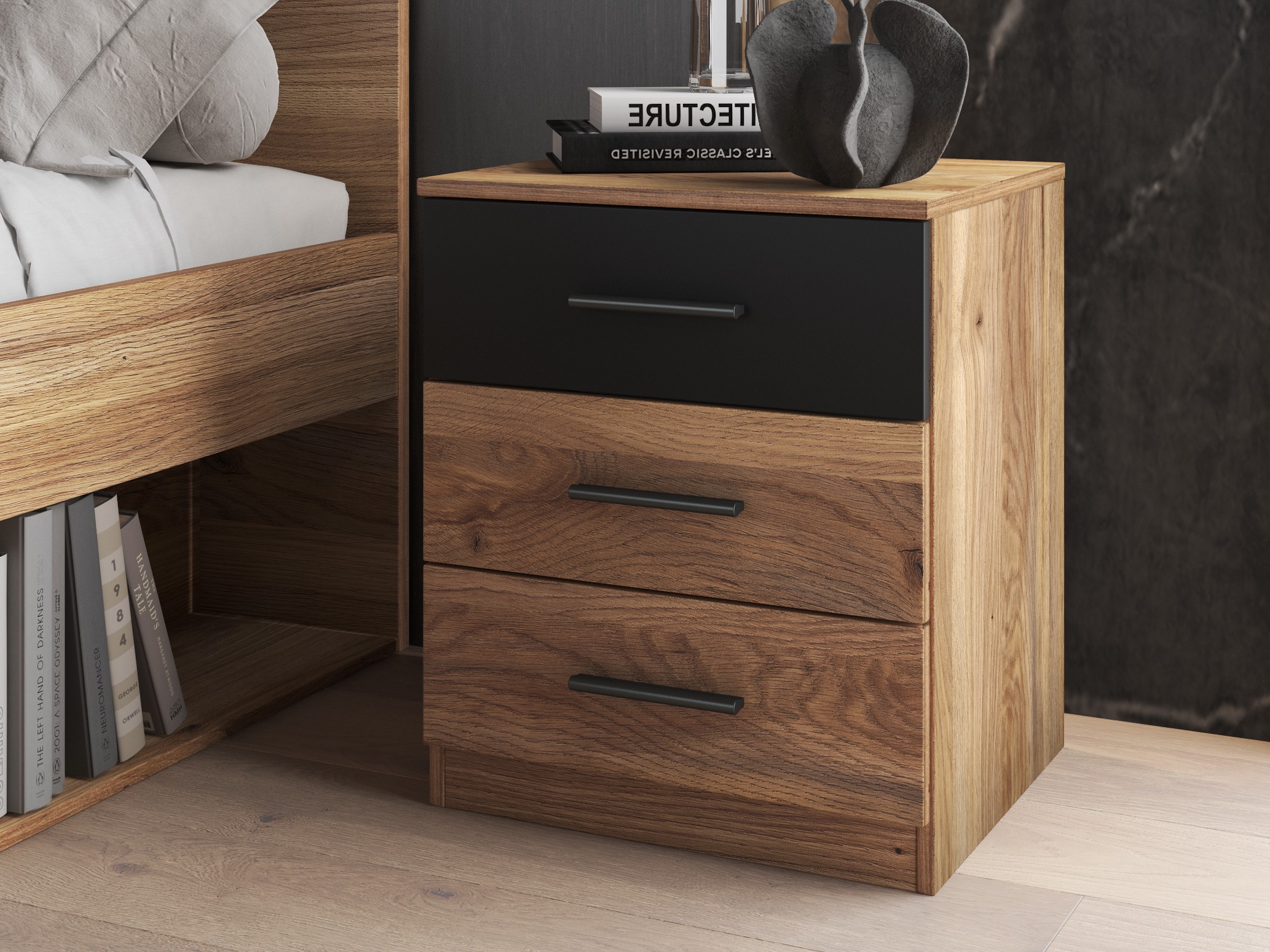 Mesa de cabeceira Melvele 100 (Carvalho + Preto)