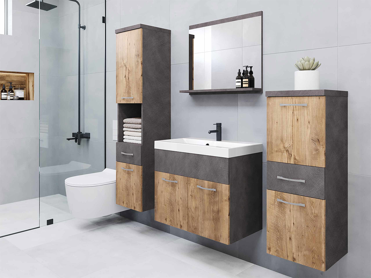 Conjunto para casa de banho Sarasota 109 (Matera cinzento + Castanha)