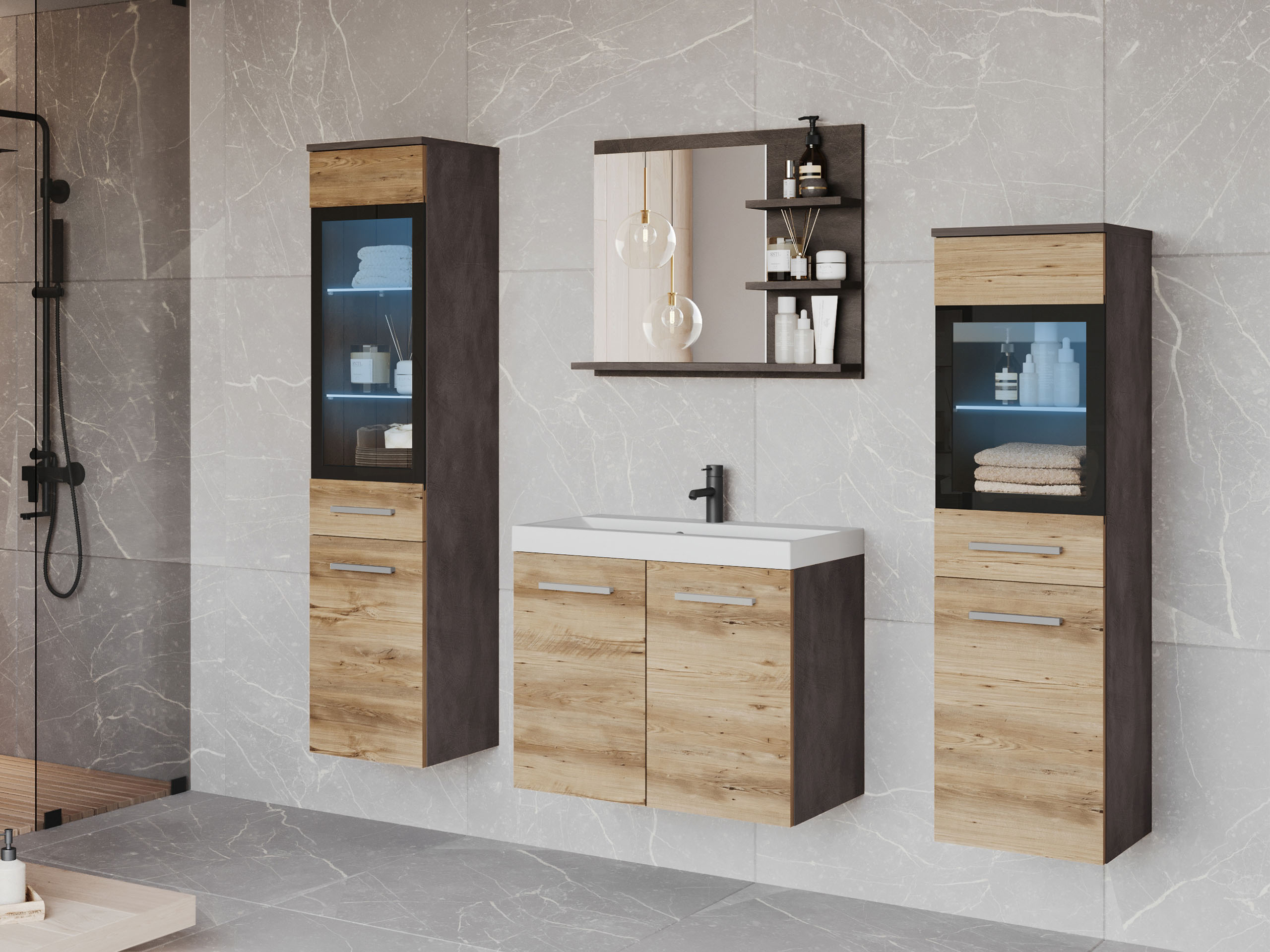 Conjunto para casa de banho Sarasota 141 (Matera cinzento + Castanha)