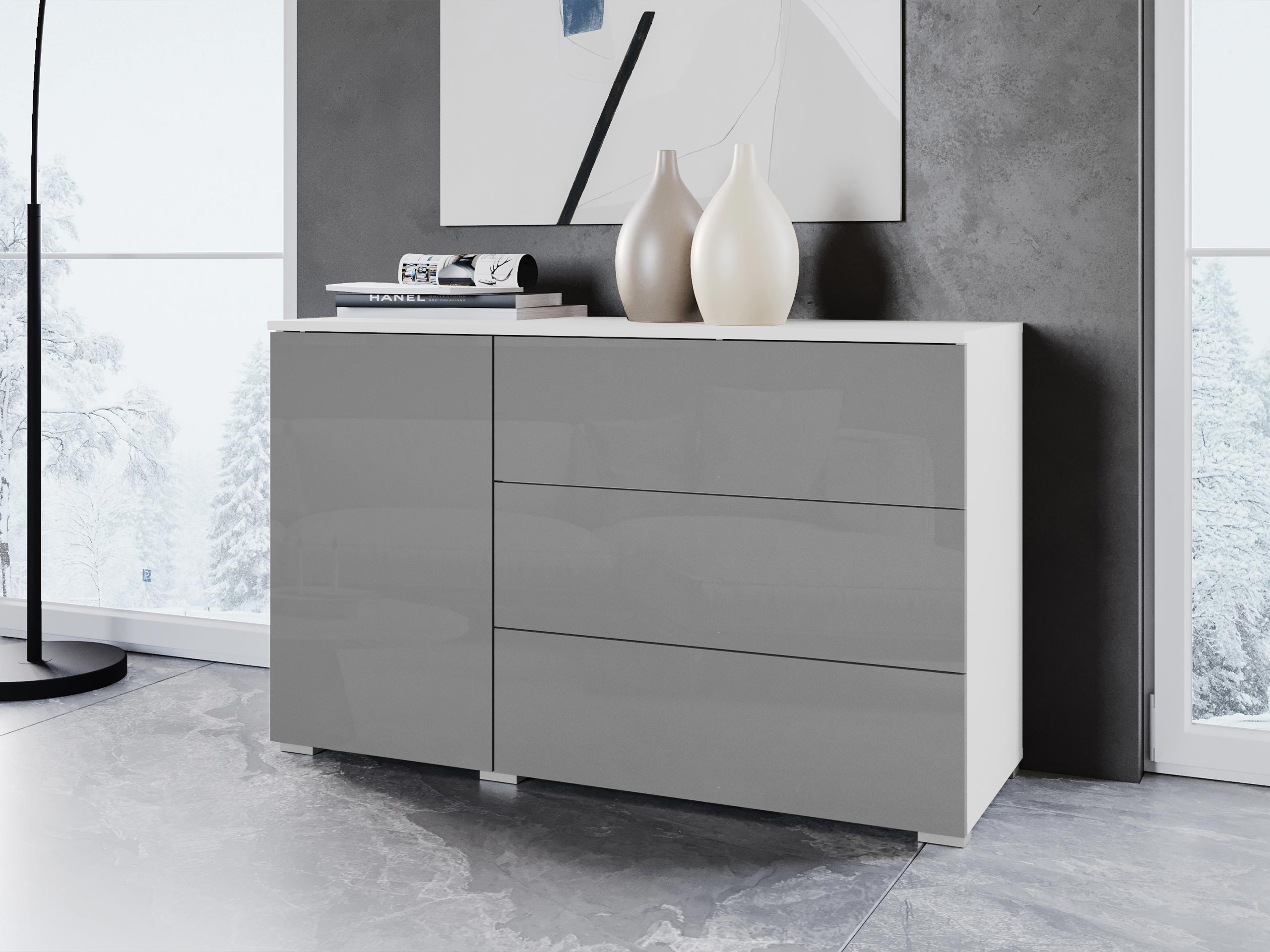 Cómoda Sarasota 128 (Branco + Cinzento brilhante)