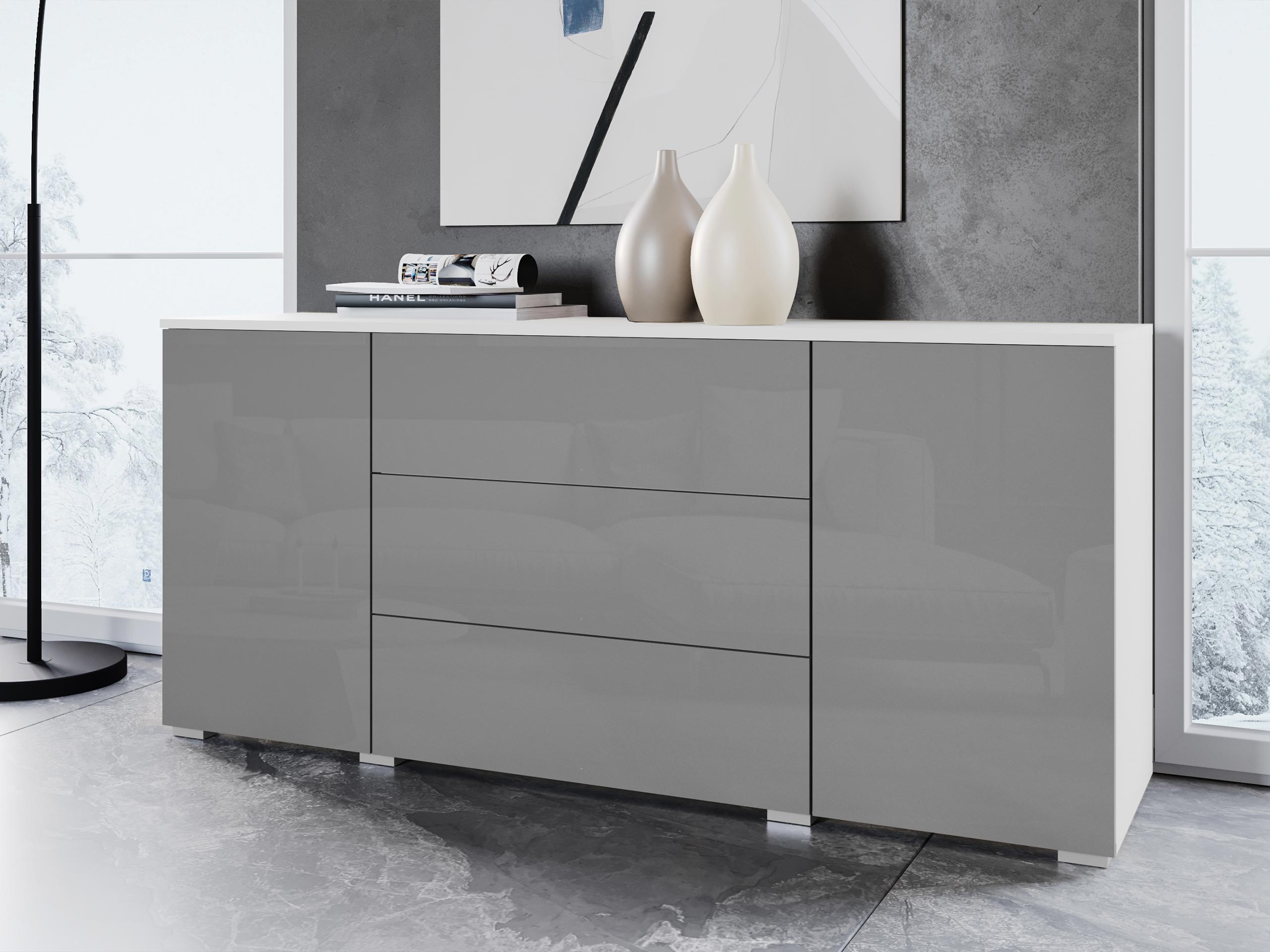 Cómoda Sarasota 129 (Branco + Cinzento brilhante)