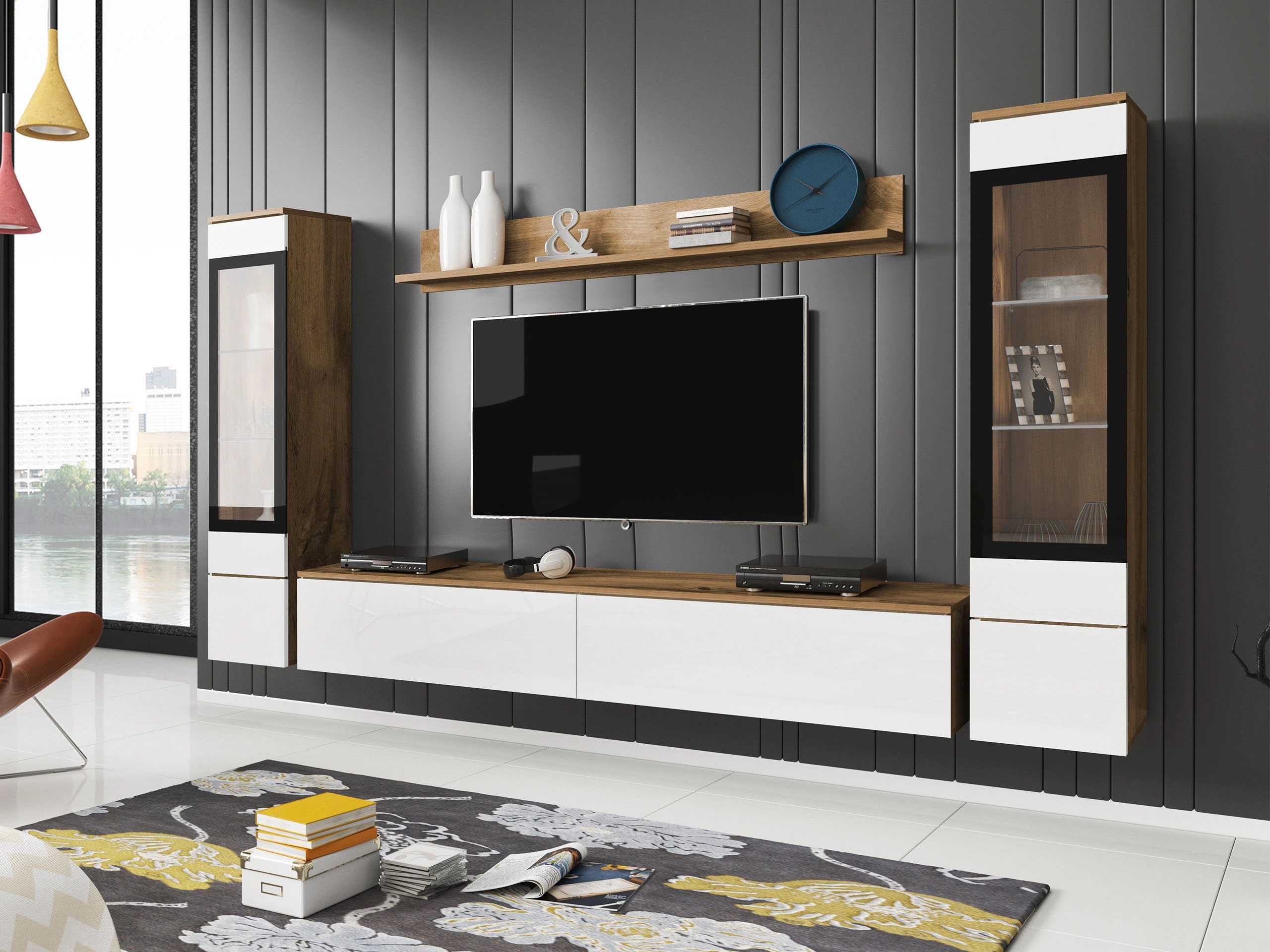 Conjunto para sala de estar Sarasota 126 (Carvalho wotan + Branco brilhante)