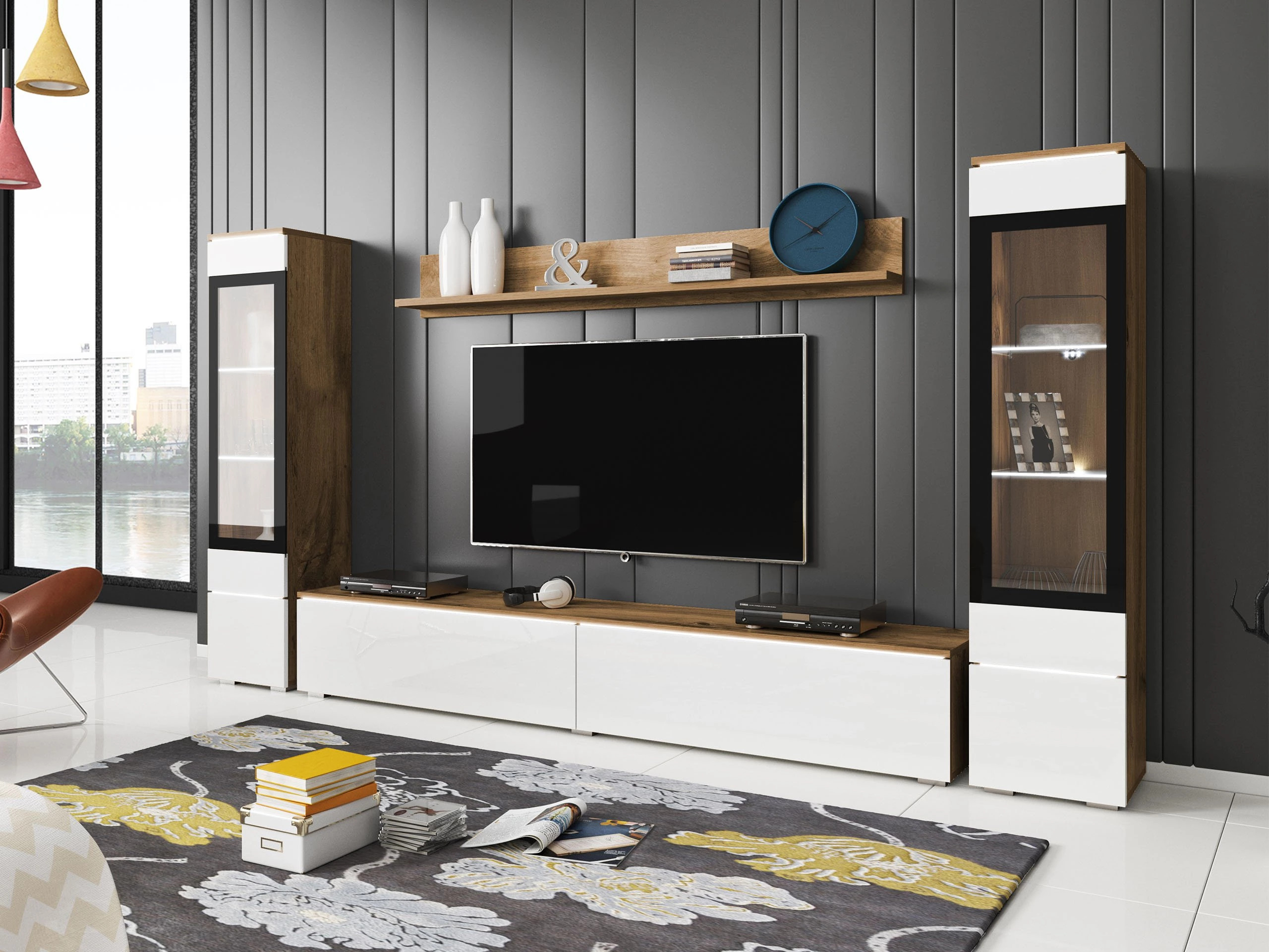 Conjunto para sala de estar Sarasota 126 (Carvalho wotan + Branco brilhante)