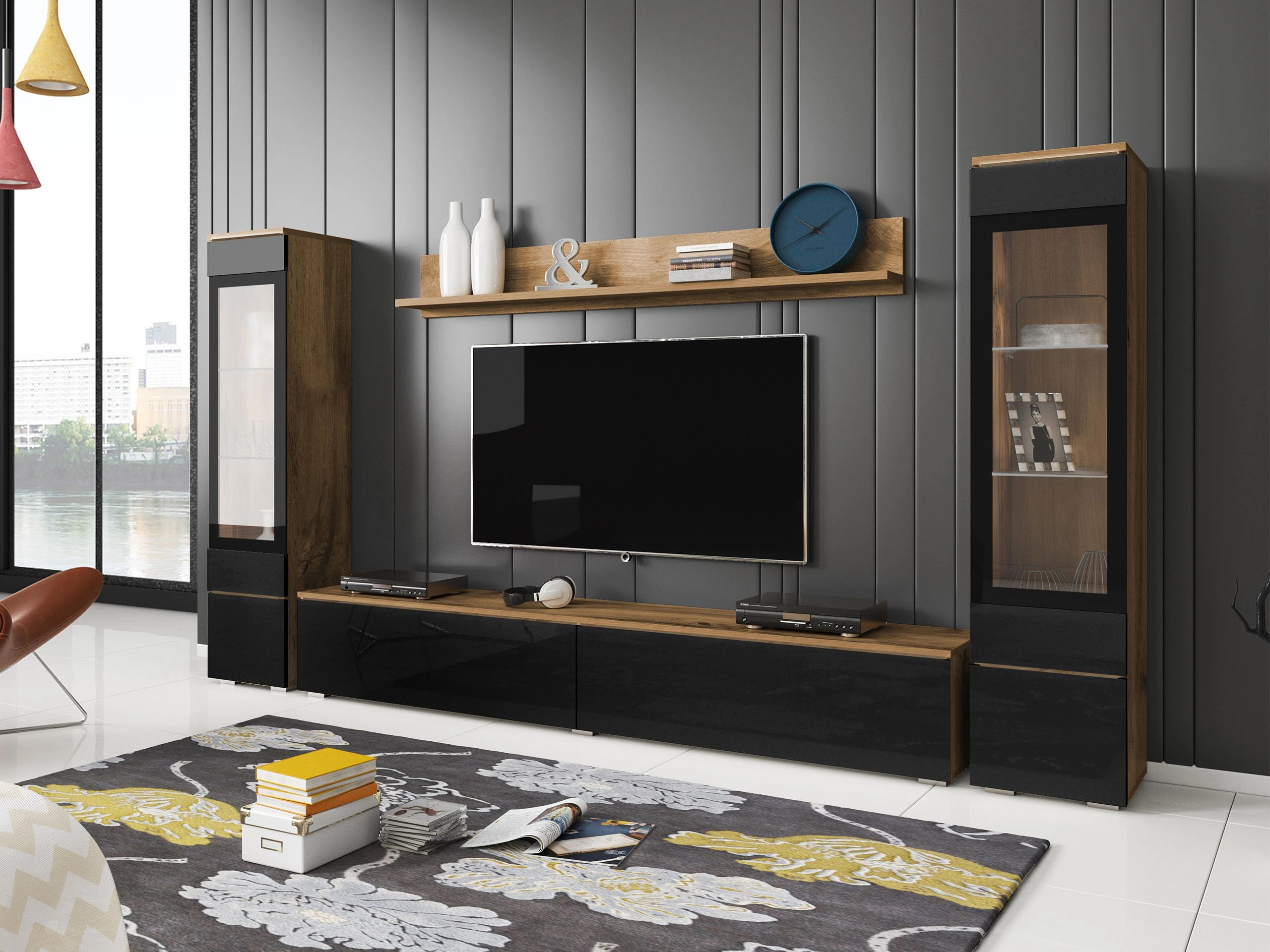 Conjunto para sala de estar Sarasota 126 (Carvalho wotan + Preto brilhante)