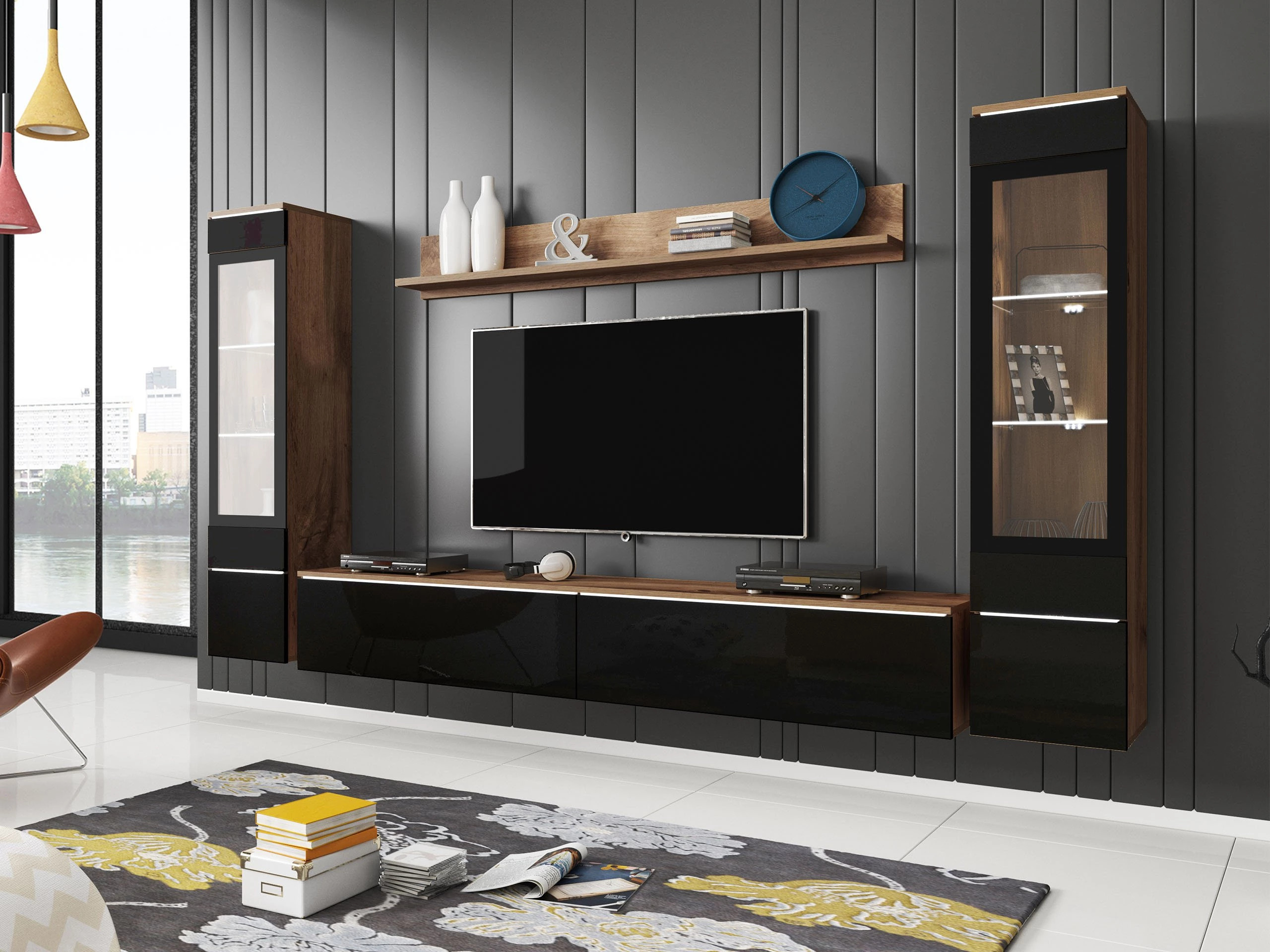Conjunto para sala de estar Sarasota 126 (Carvalho wotan + Preto brilhante)