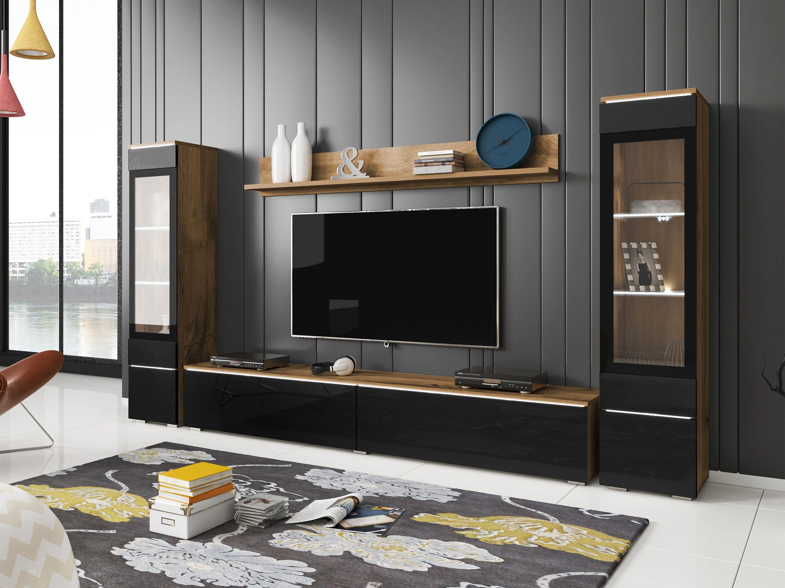 Conjunto para sala de estar Sarasota 126 (Carvalho wotan + Preto brilhante)