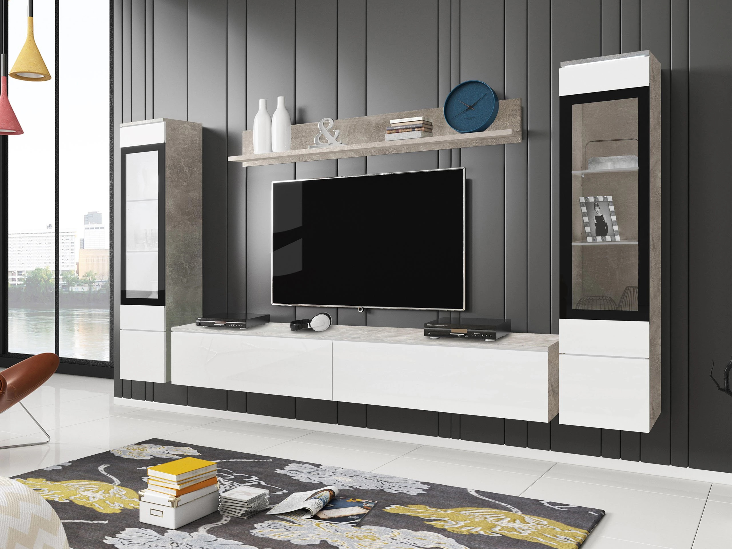 Conjunto para sala de estar Sarasota 126 (Cimento + Branco brilhante)