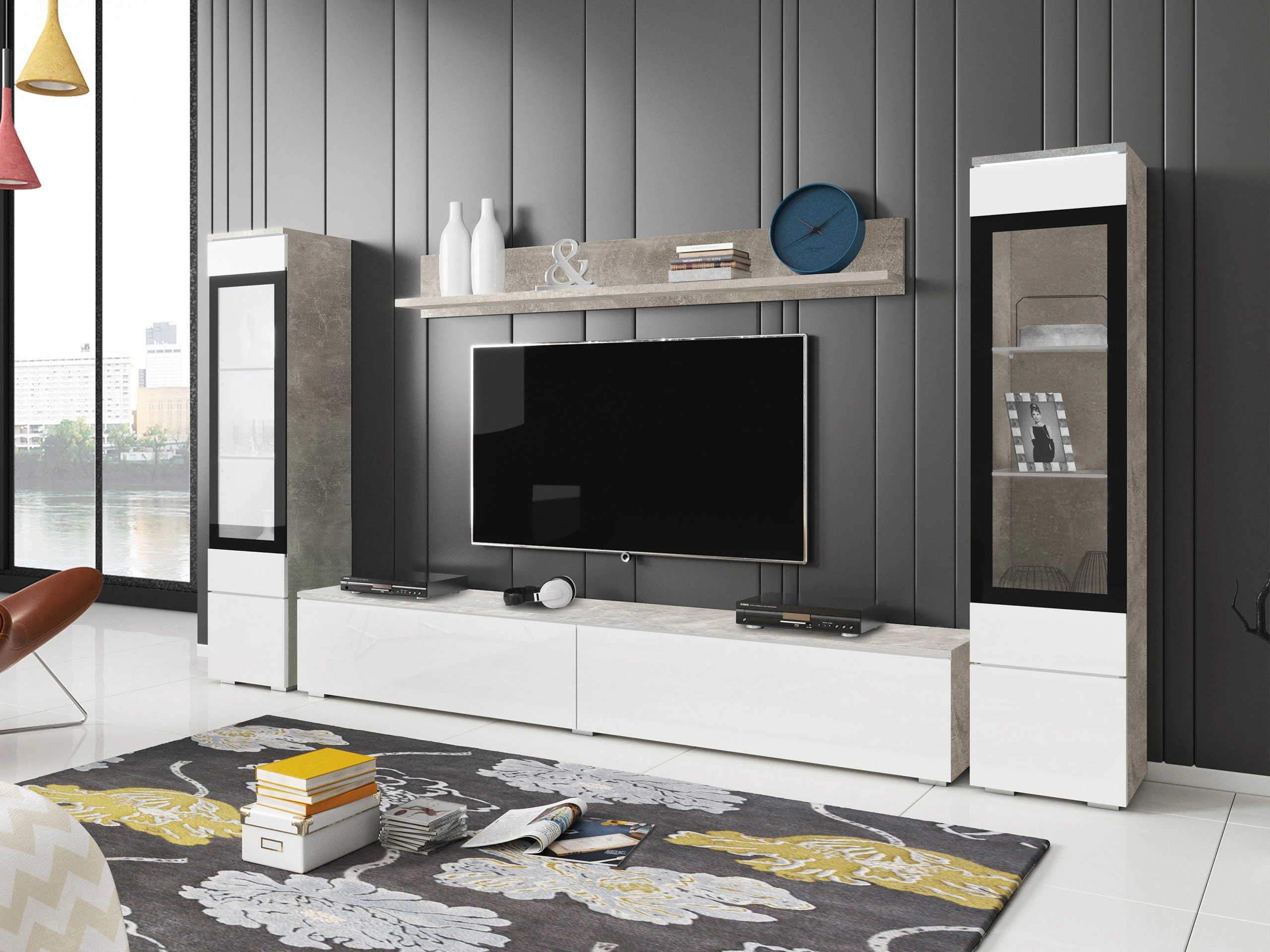 Conjunto para sala de estar Sarasota 126 (Cimento + Branco brilhante)