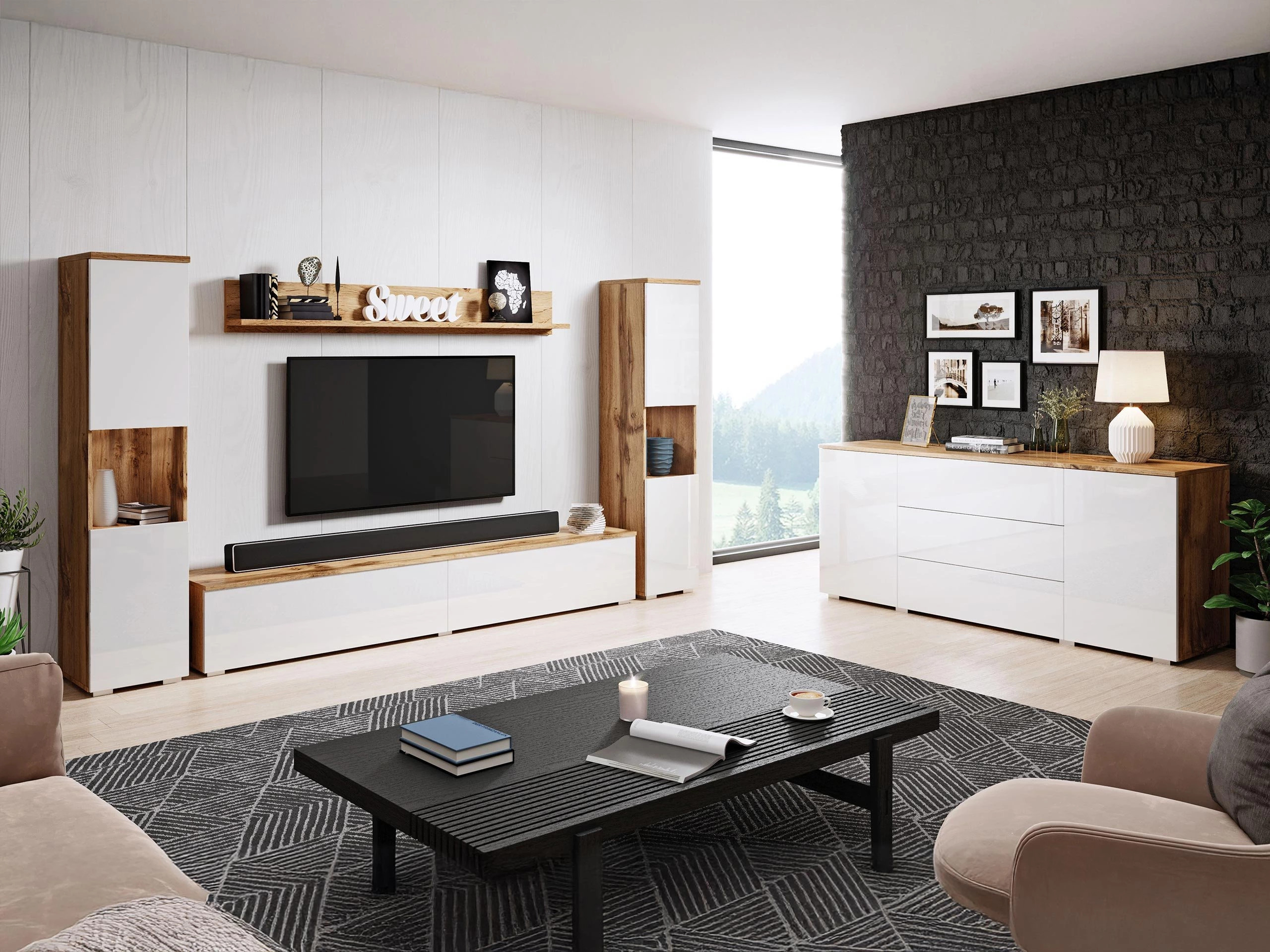 Conjunto para sala de estar Sarasota 133 (Carvalho wotan + Branco brilhante)