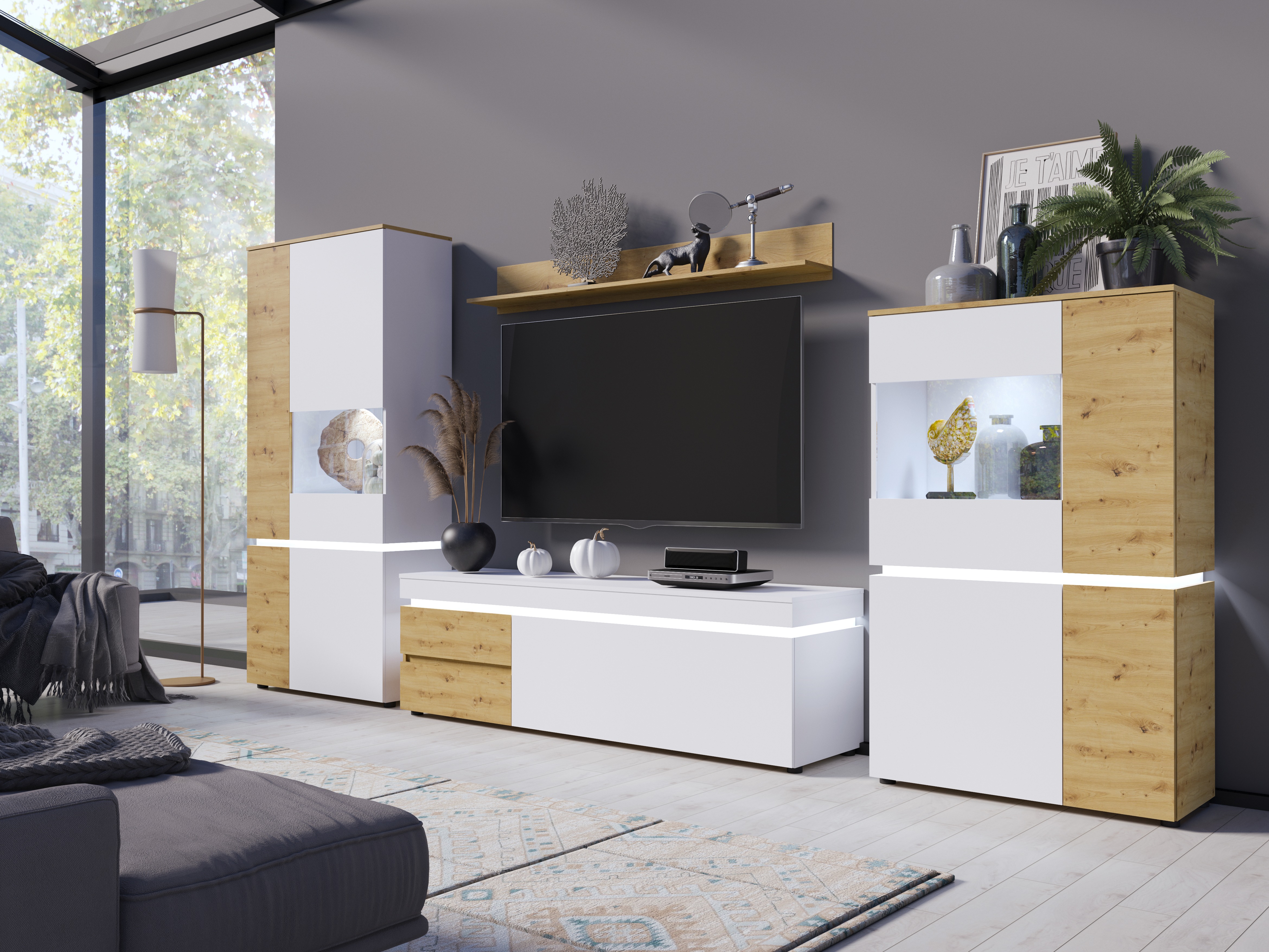Conjunto para sala de estar Ontario 176 (Carvalho Artisan + Branco)