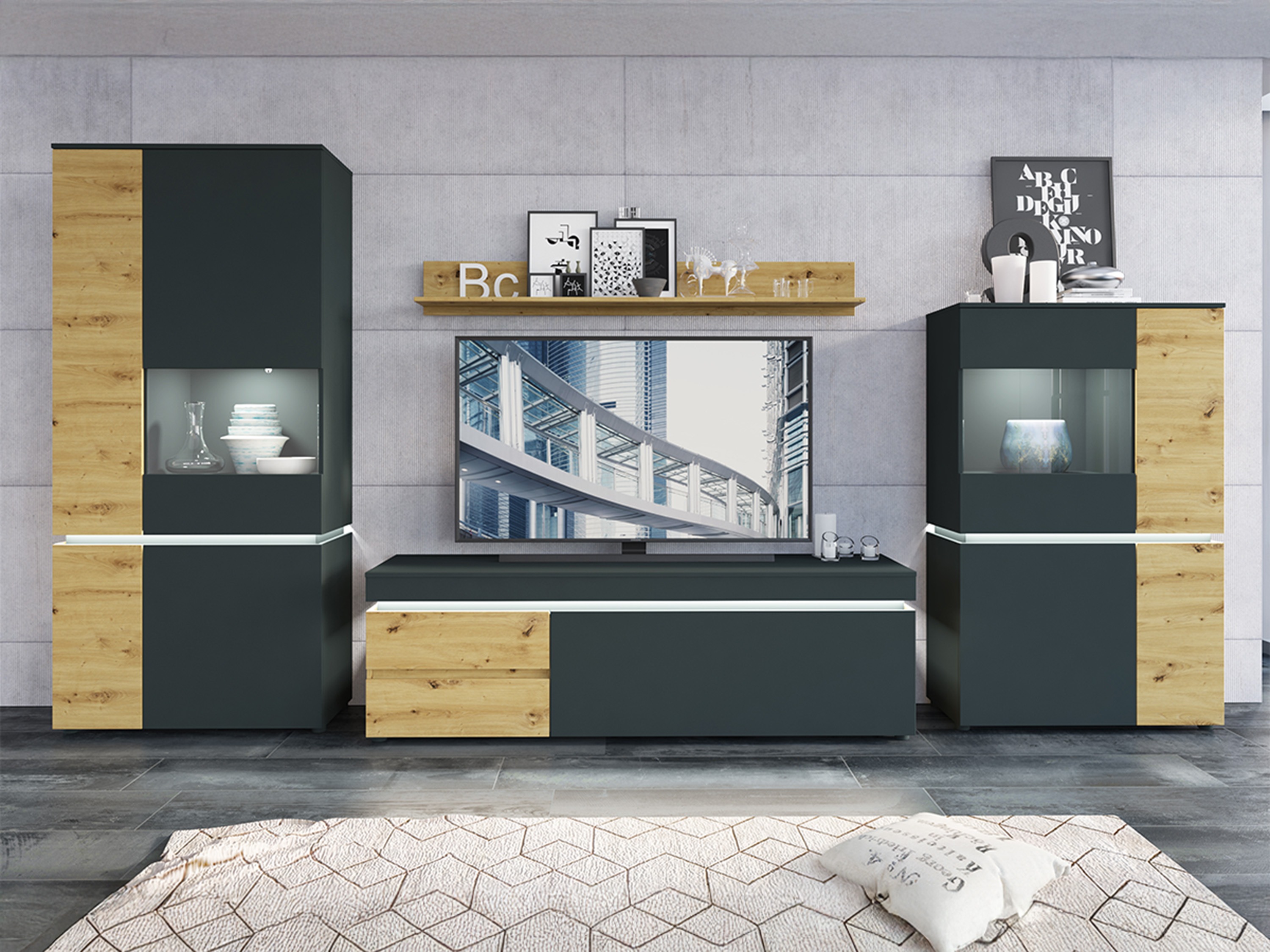 Conjunto para sala de estar Ontario 176 (Carvalho Artisan + Cinzento)