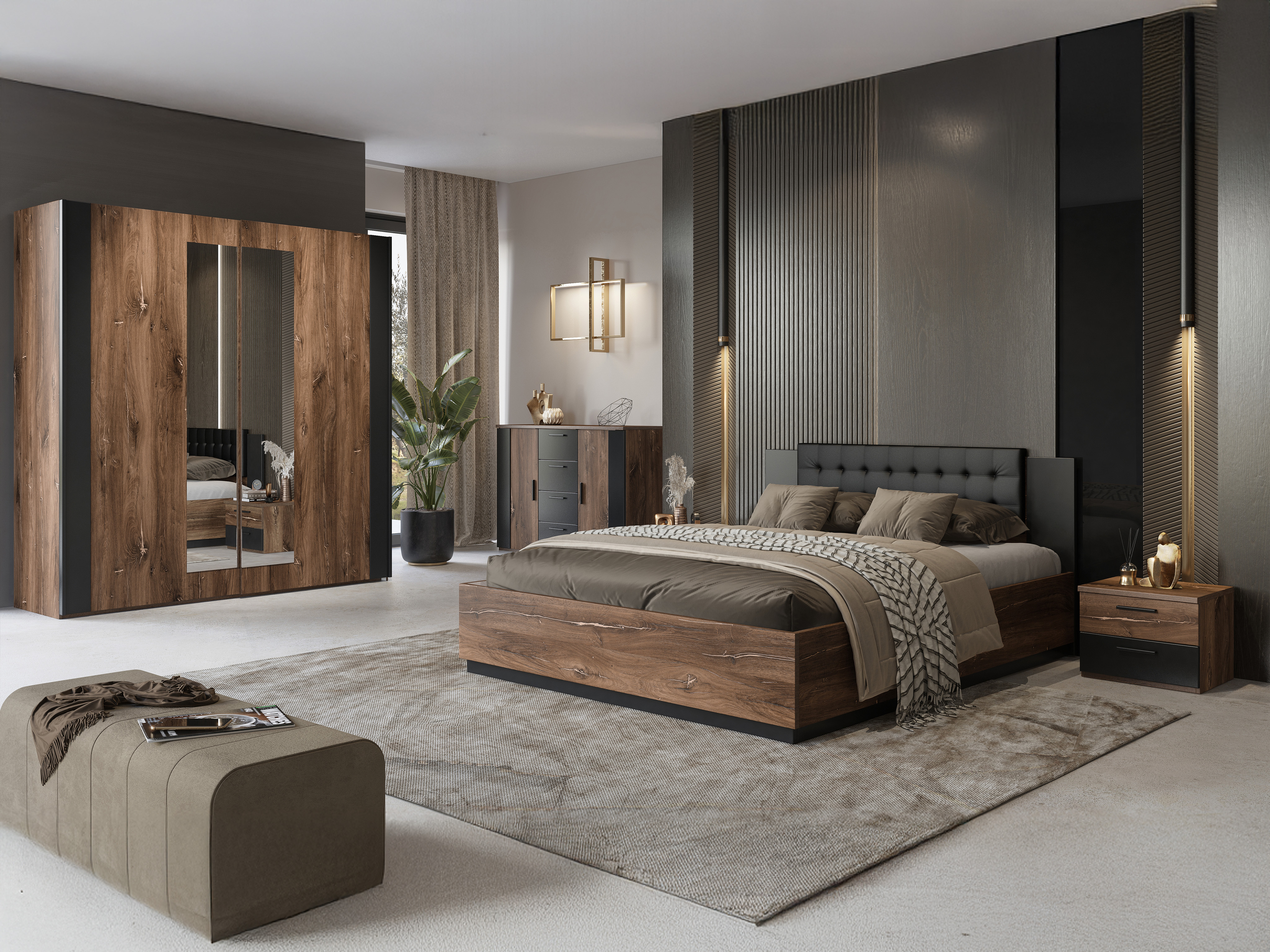 Cama Felelie 104 (Carvalho Flagstaf escuro + Cobre)