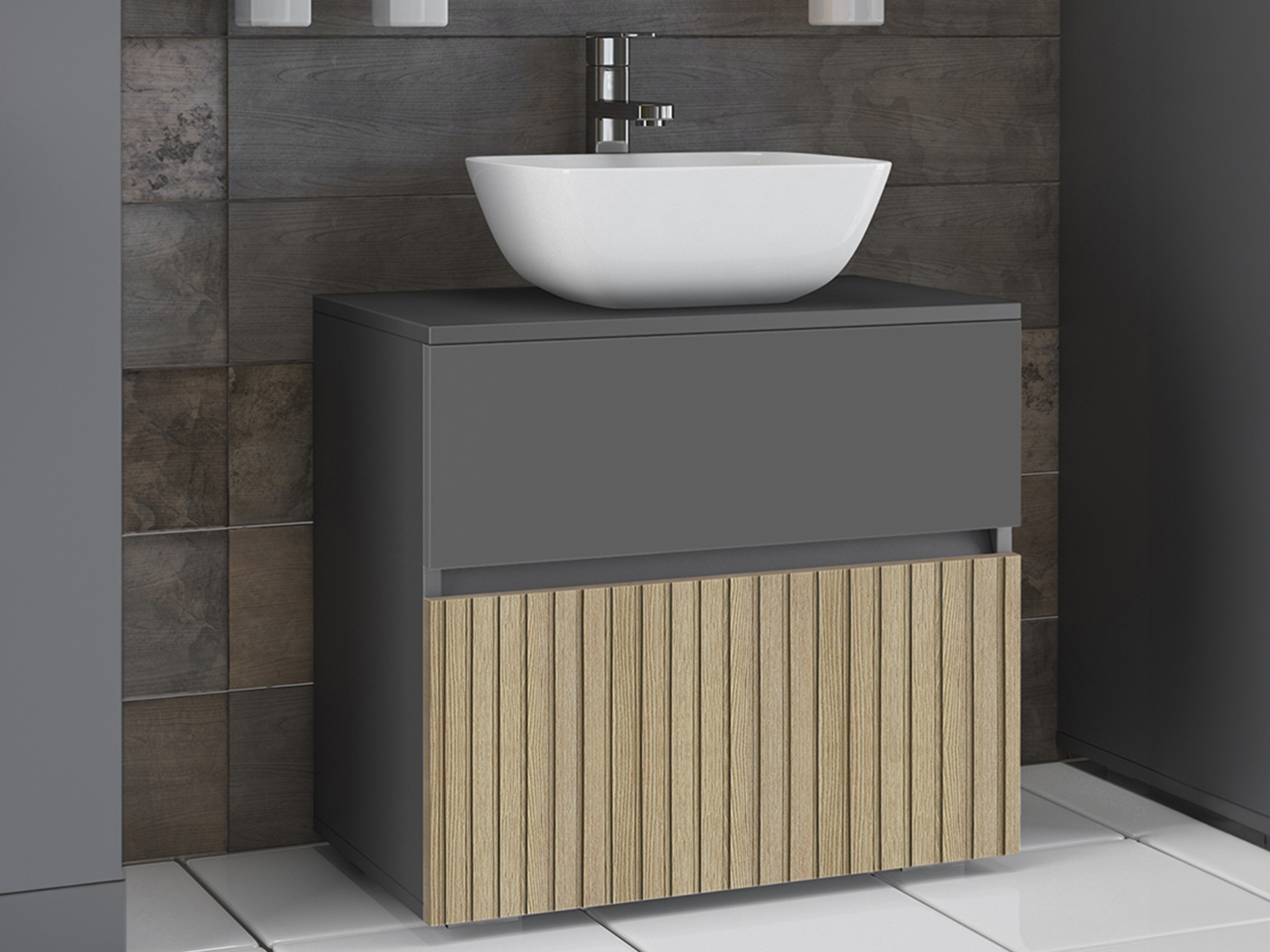 Armário com lavatório de apoio próprio para casa de banho Soncamu 110 (Antracite + Carvalho claro)