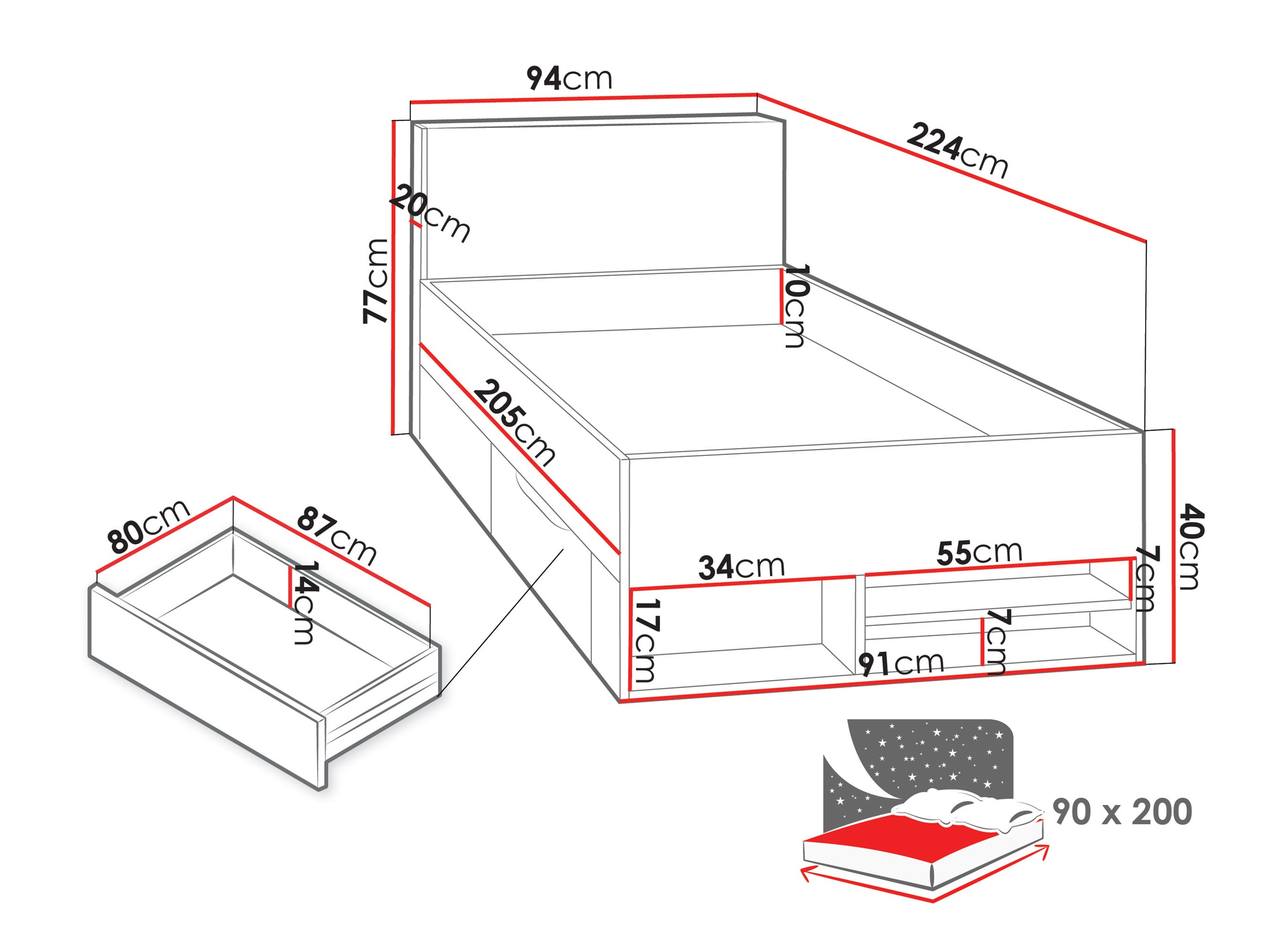 Cama Camteso 112 (Branco + Carvalho + Turquesa)