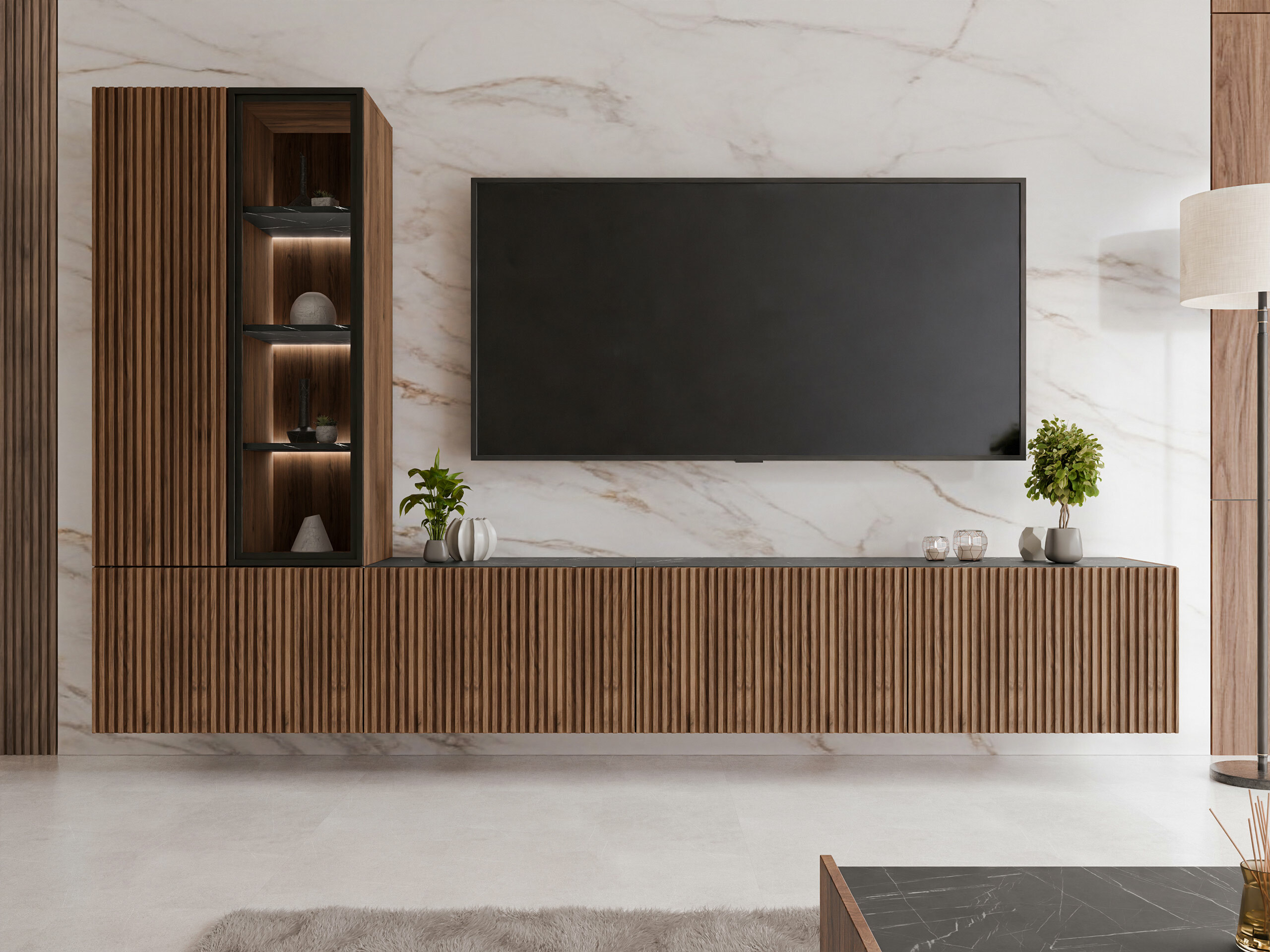 Conjunto para sala de estar Comfivo Tutelar (Nogueira + Mármore preto)
