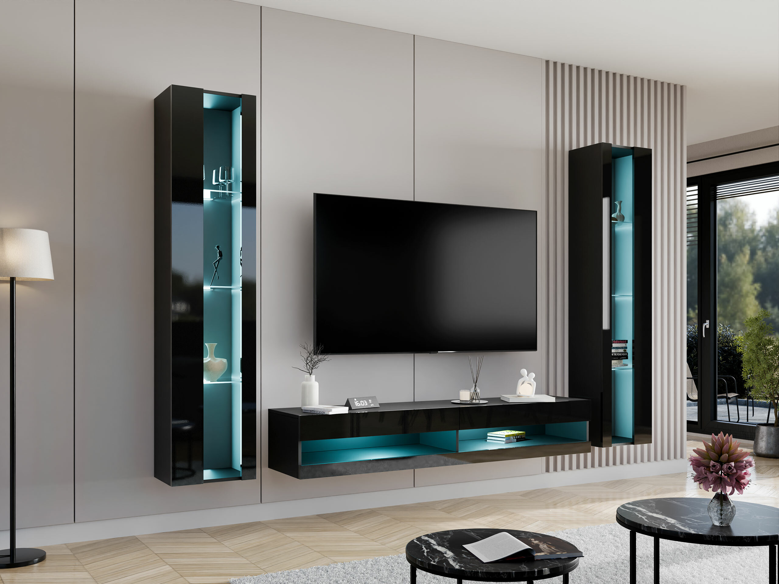 Conjunto para sala de estar Vilrin V (Preto + Preto brilhante)