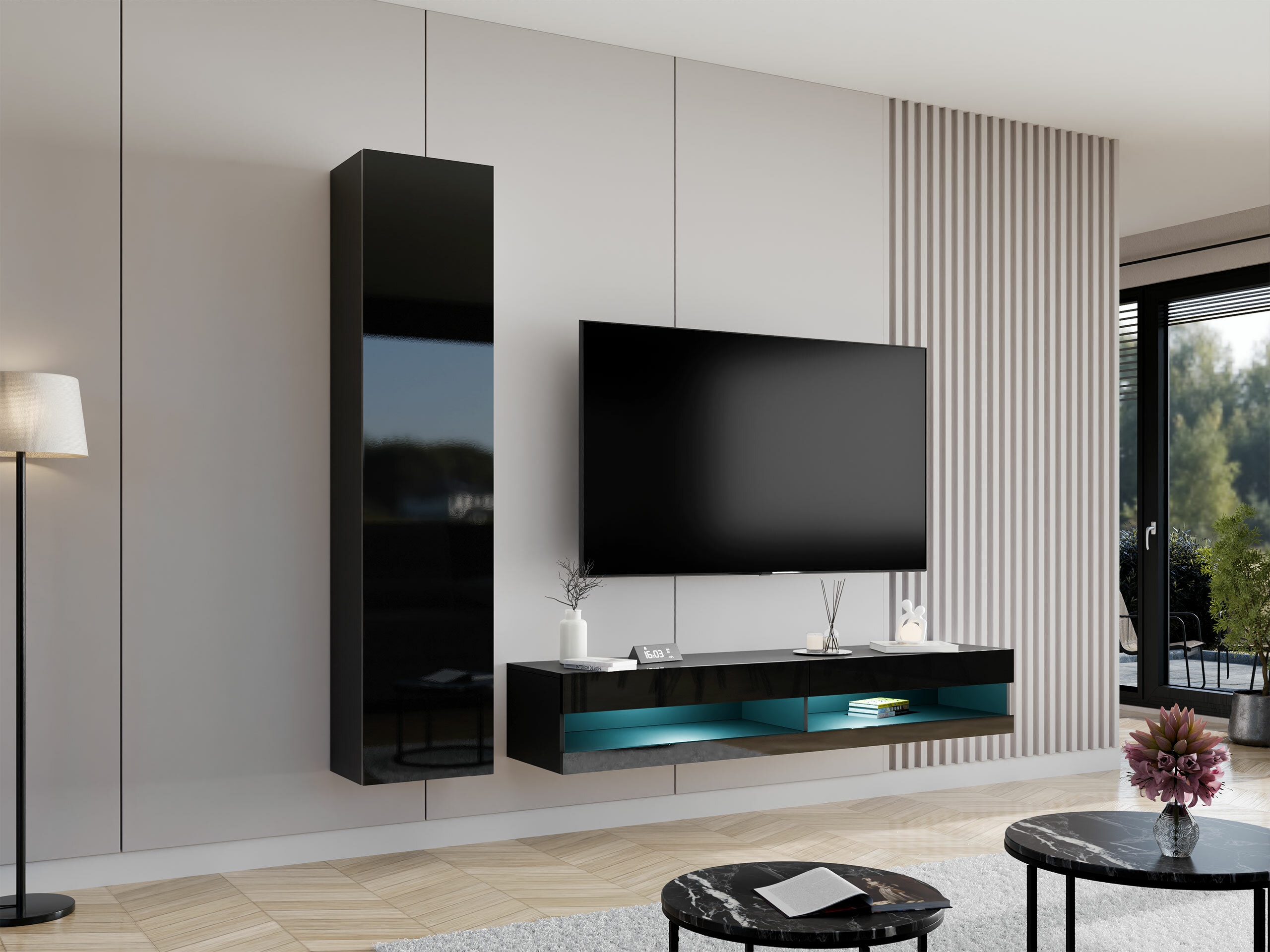 Conjunto para sala de estar Vilrin VI (Preto + Preto brilhante)