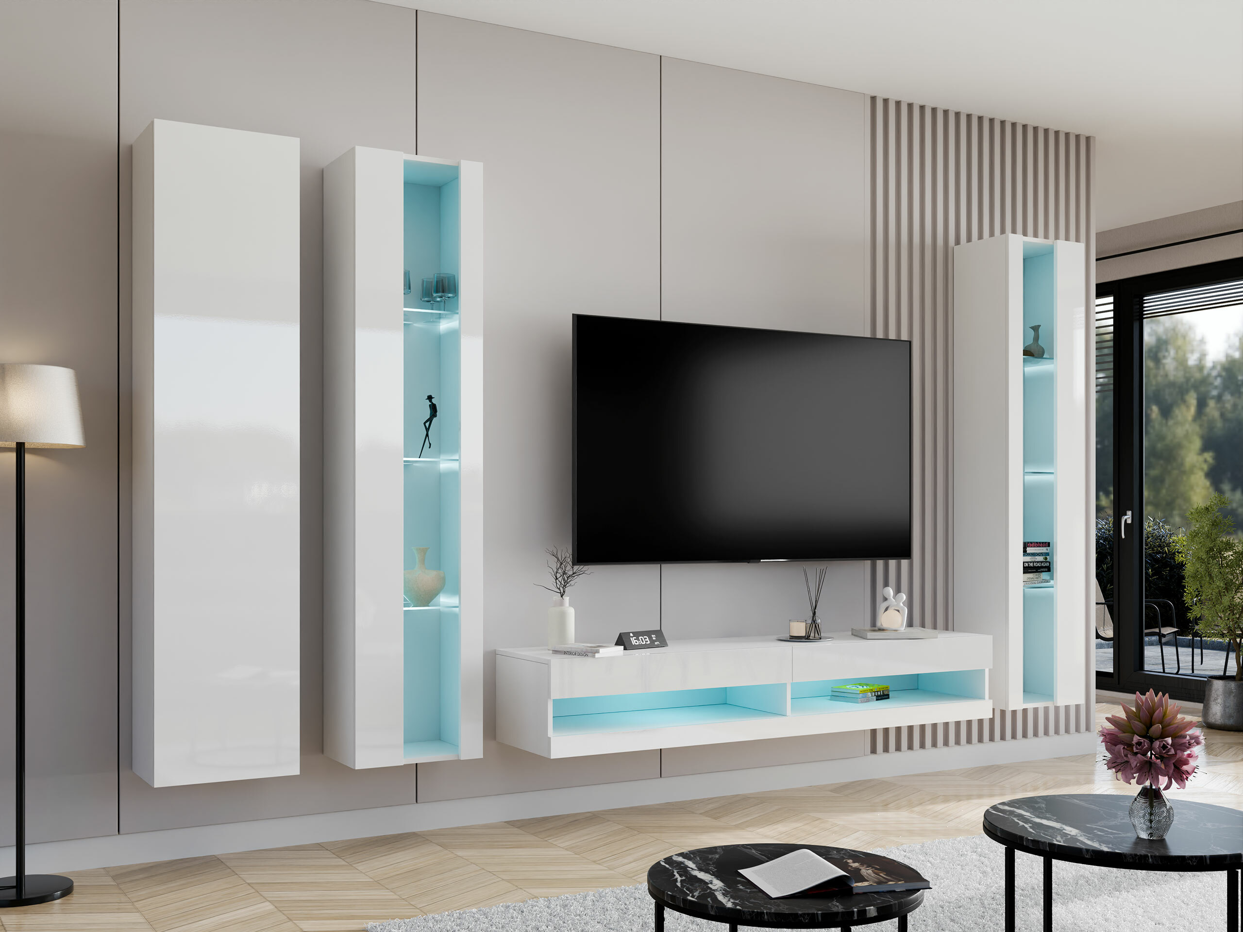 Conjunto para sala de estar Vilrin VII (Branco + Branco brilhante)