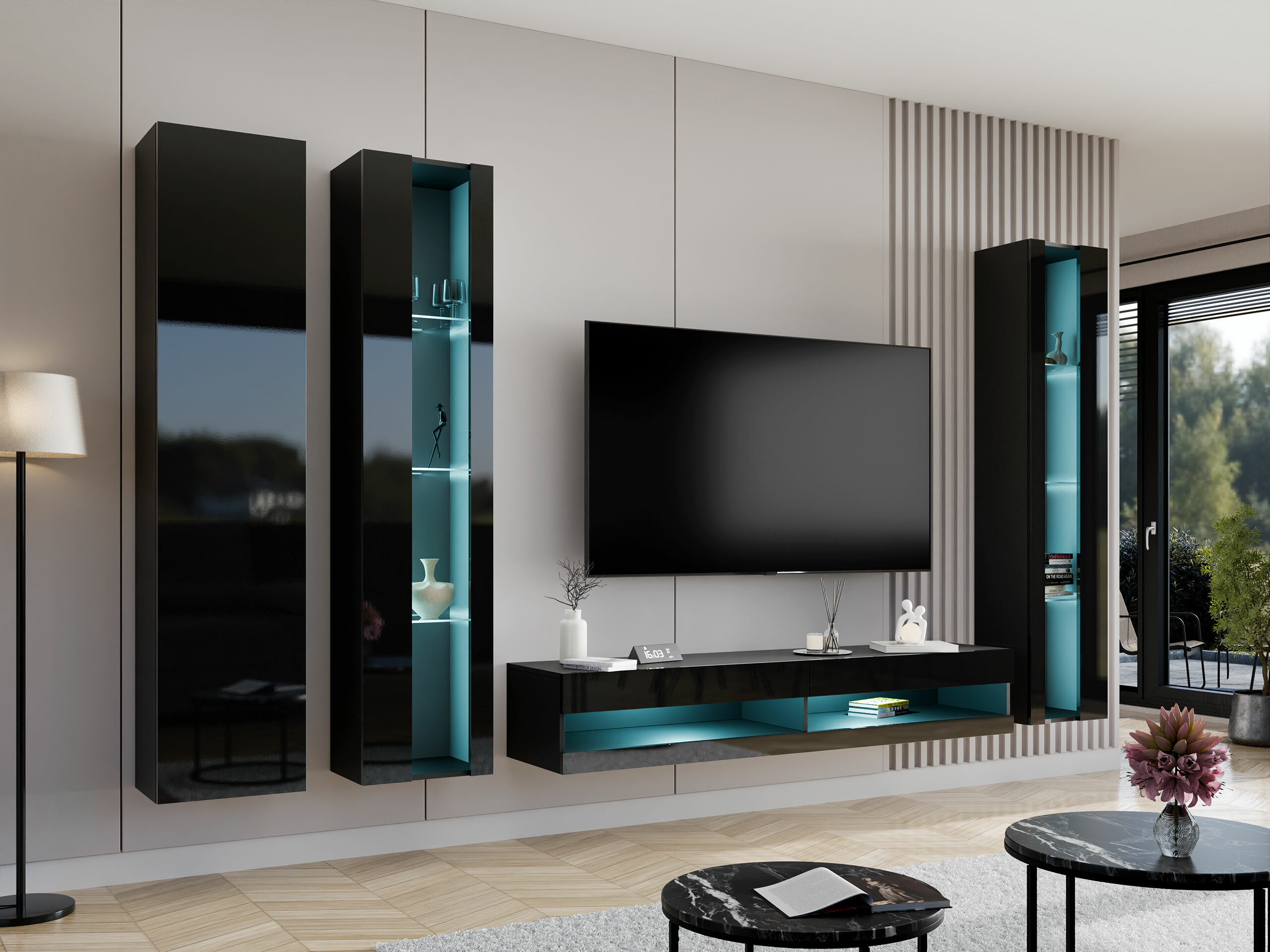Conjunto para sala de estar Vilrin VII (Preto + Preto brilhante)