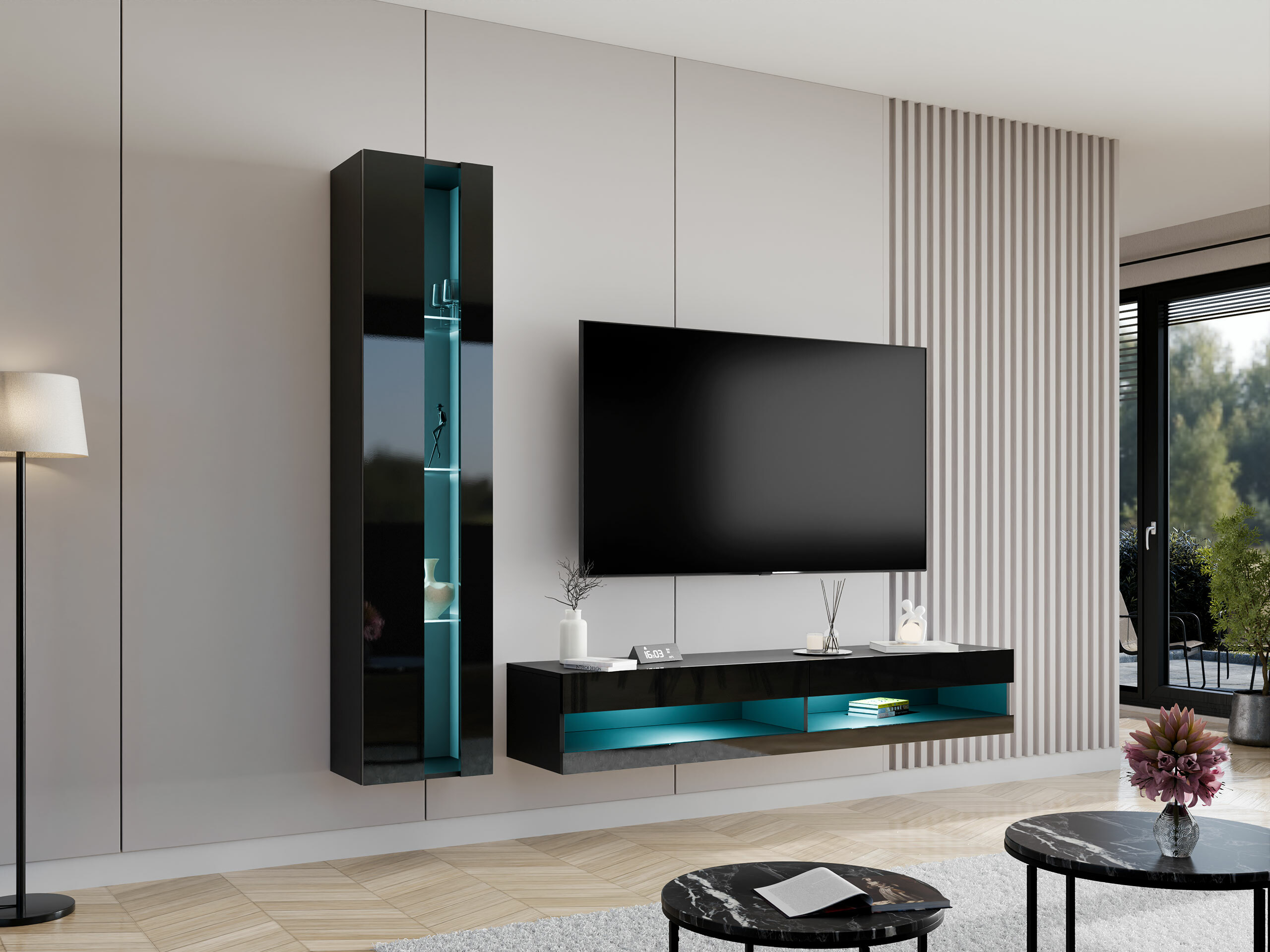 Conjunto para sala de estar Vilrin VIII (Preto + Preto brilhante)