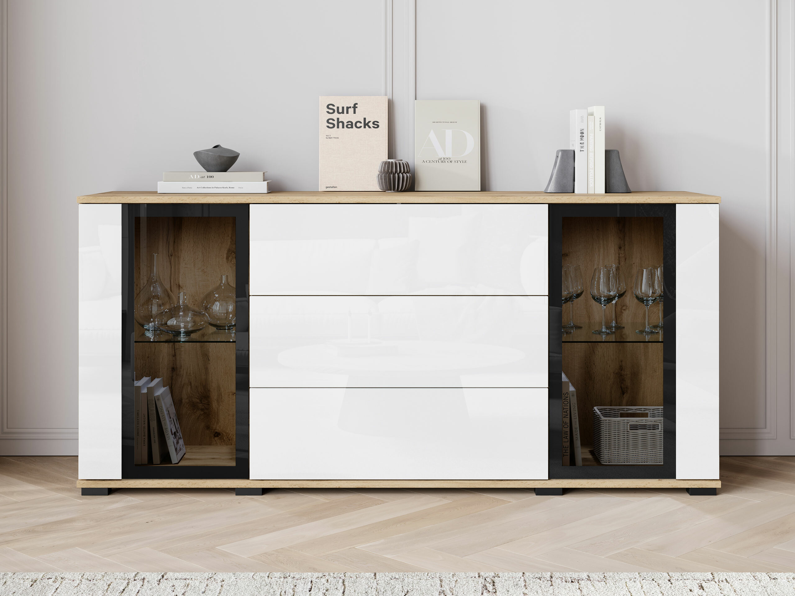 Cómoda Torcame 101 (Carvalho wotan + Branco brilhante)