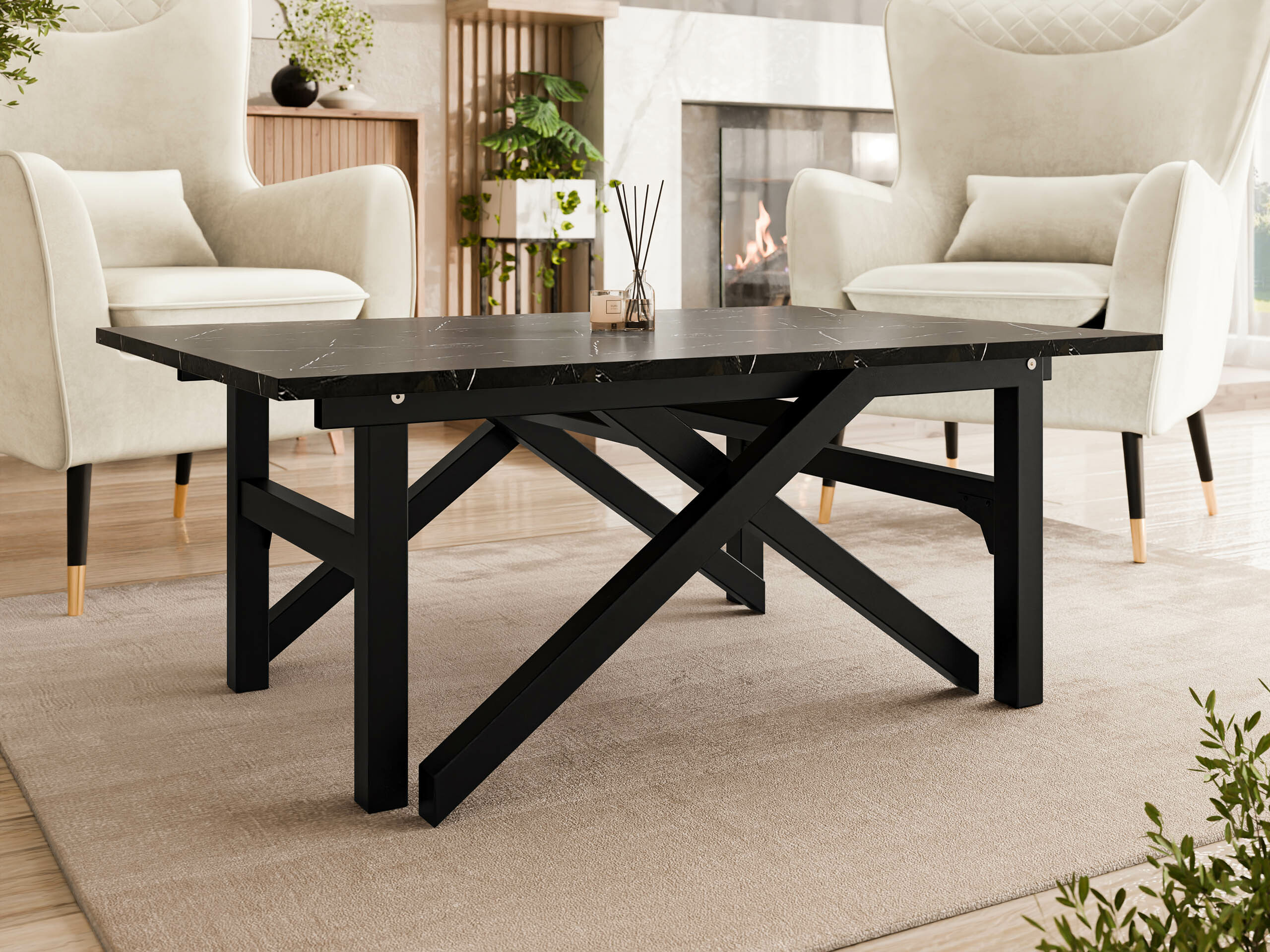 Mesa de centro extensível Oswego 151 (Mármore preto + Preto)