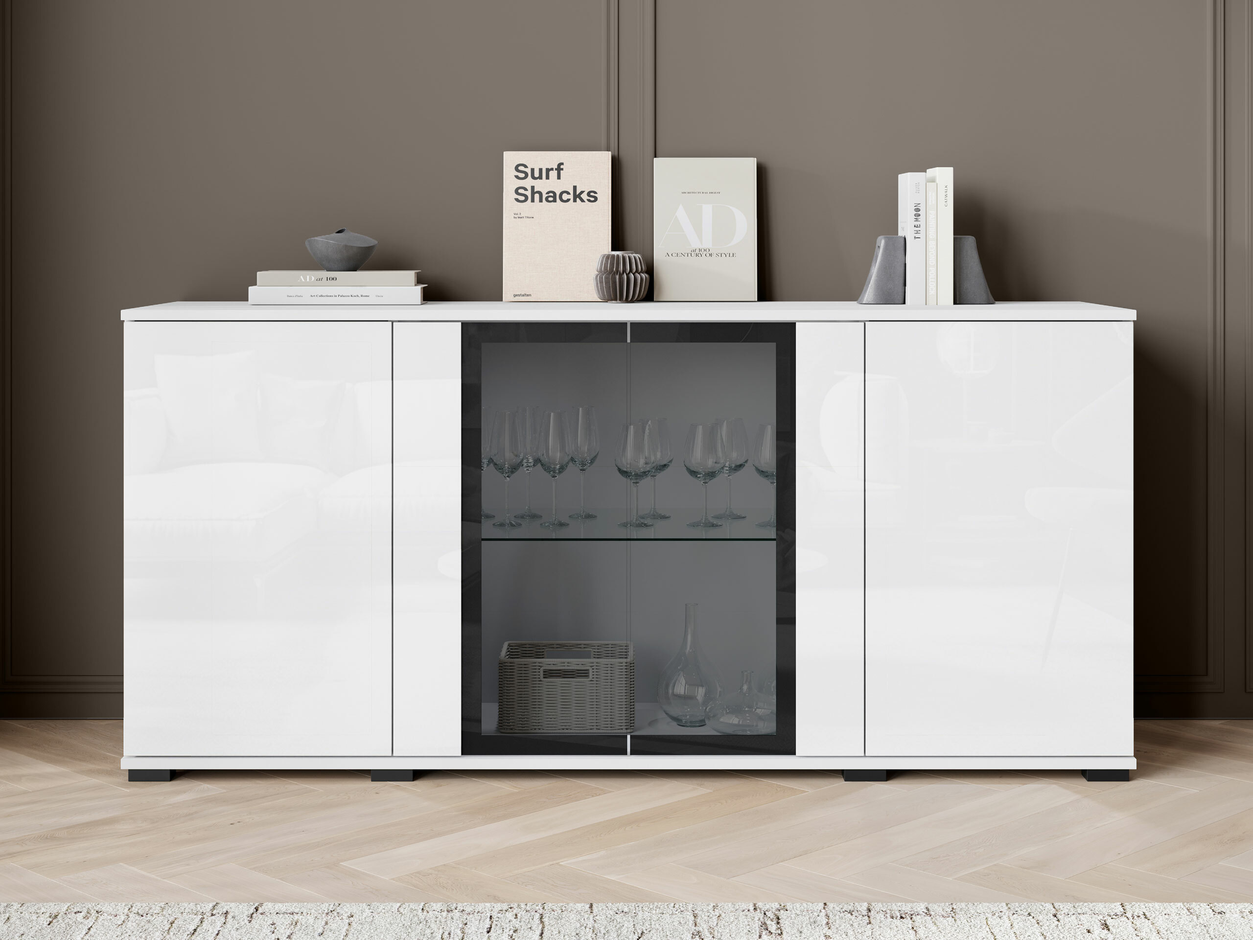 Aparador Torcame 102 (Branco + Branco brilhante)
