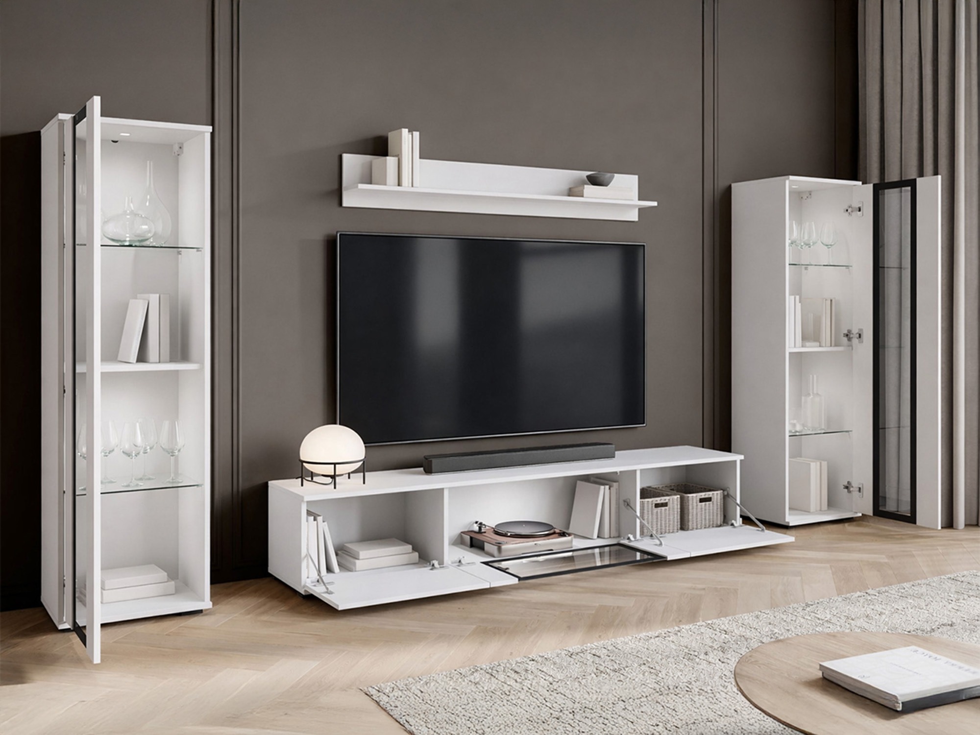 Conjunto para sala de estar Torcame 103 (Carvalho wotan + Branco brilhante)