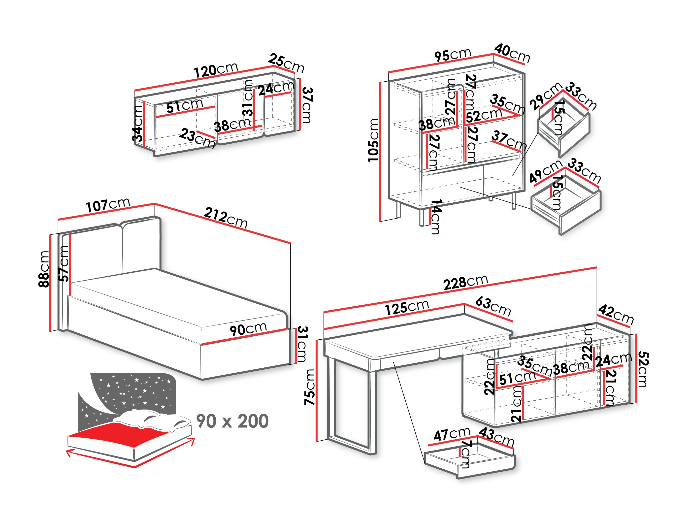 Conjunto de mobiliário Fiosono 115 (Bege + Carvalho claro)