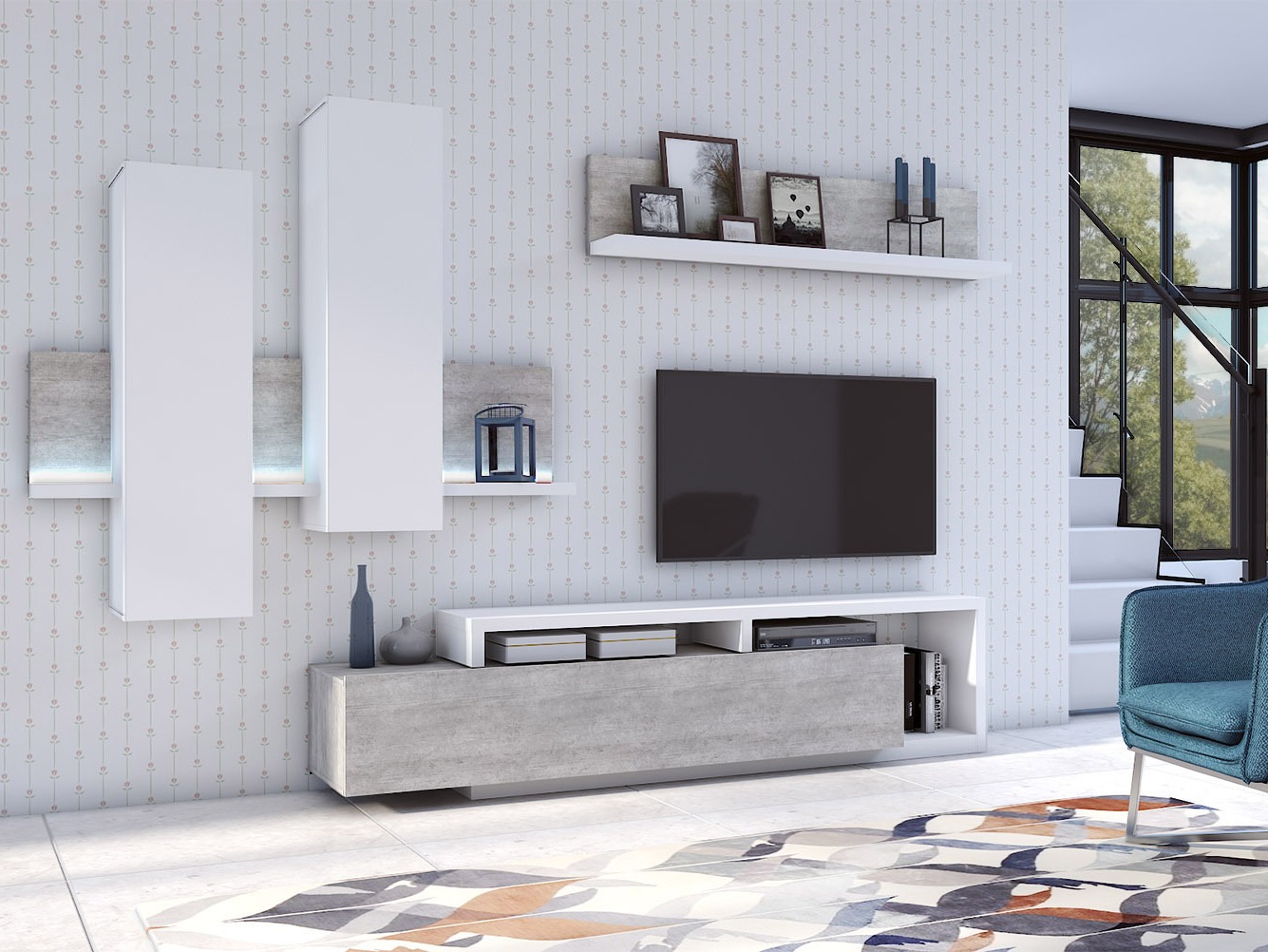 Armário suspenso Lutiva 101 (Branco + Cimento)