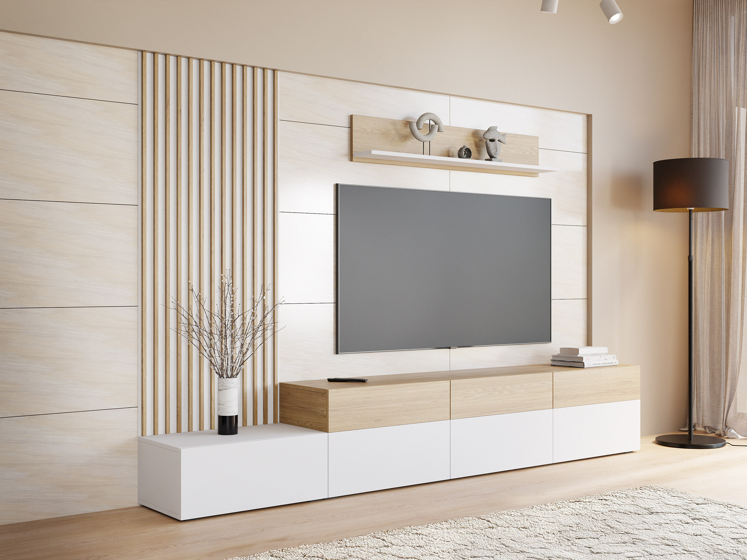 Conjunto para sala de estar Comfivo Munium II (Branco + Carvalho)