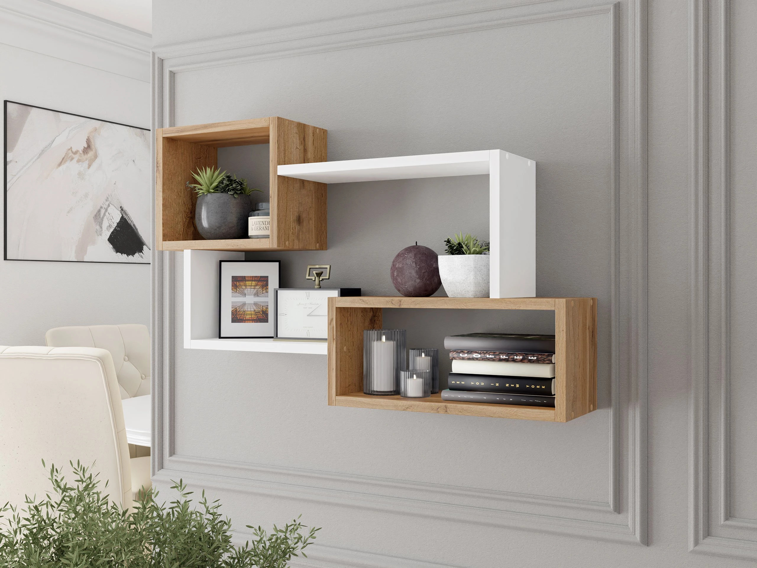 Estante de parede Lexicon II (Carvalho wotan + Branco)