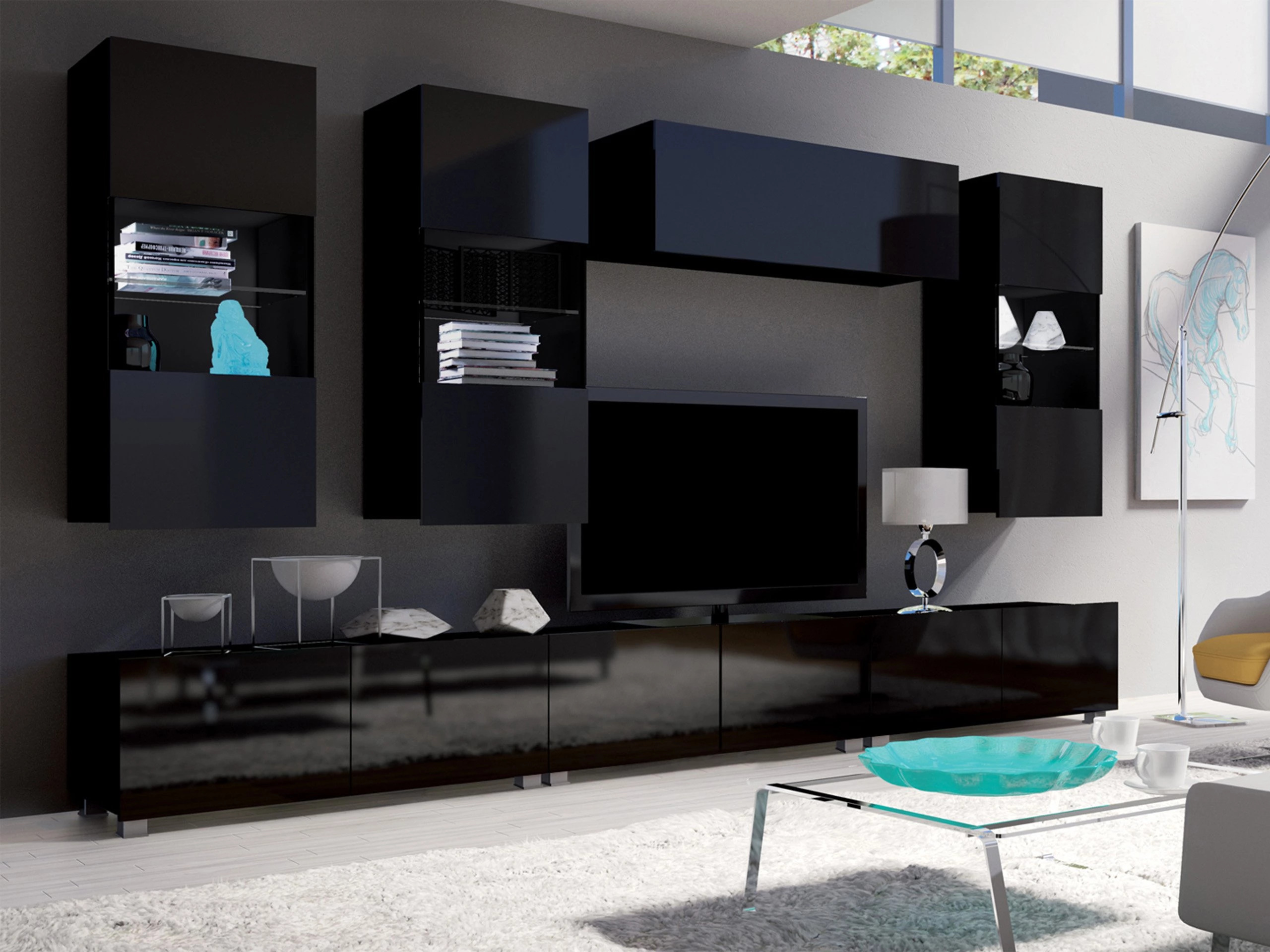 Armário suspenso Remus I (Preto + Preto brilhante)