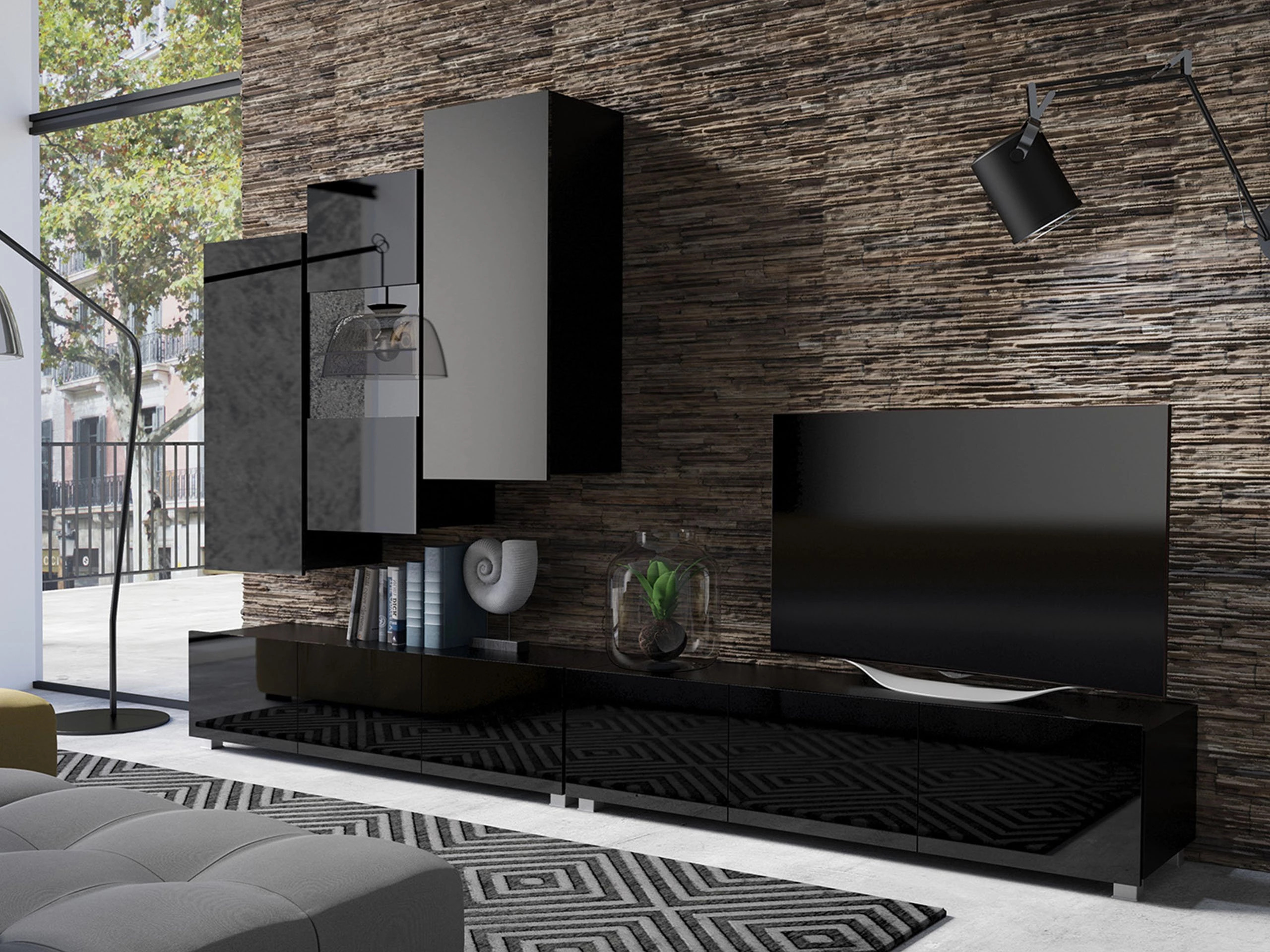 Armário suspenso Remus III (Preto + Preto brilhante)