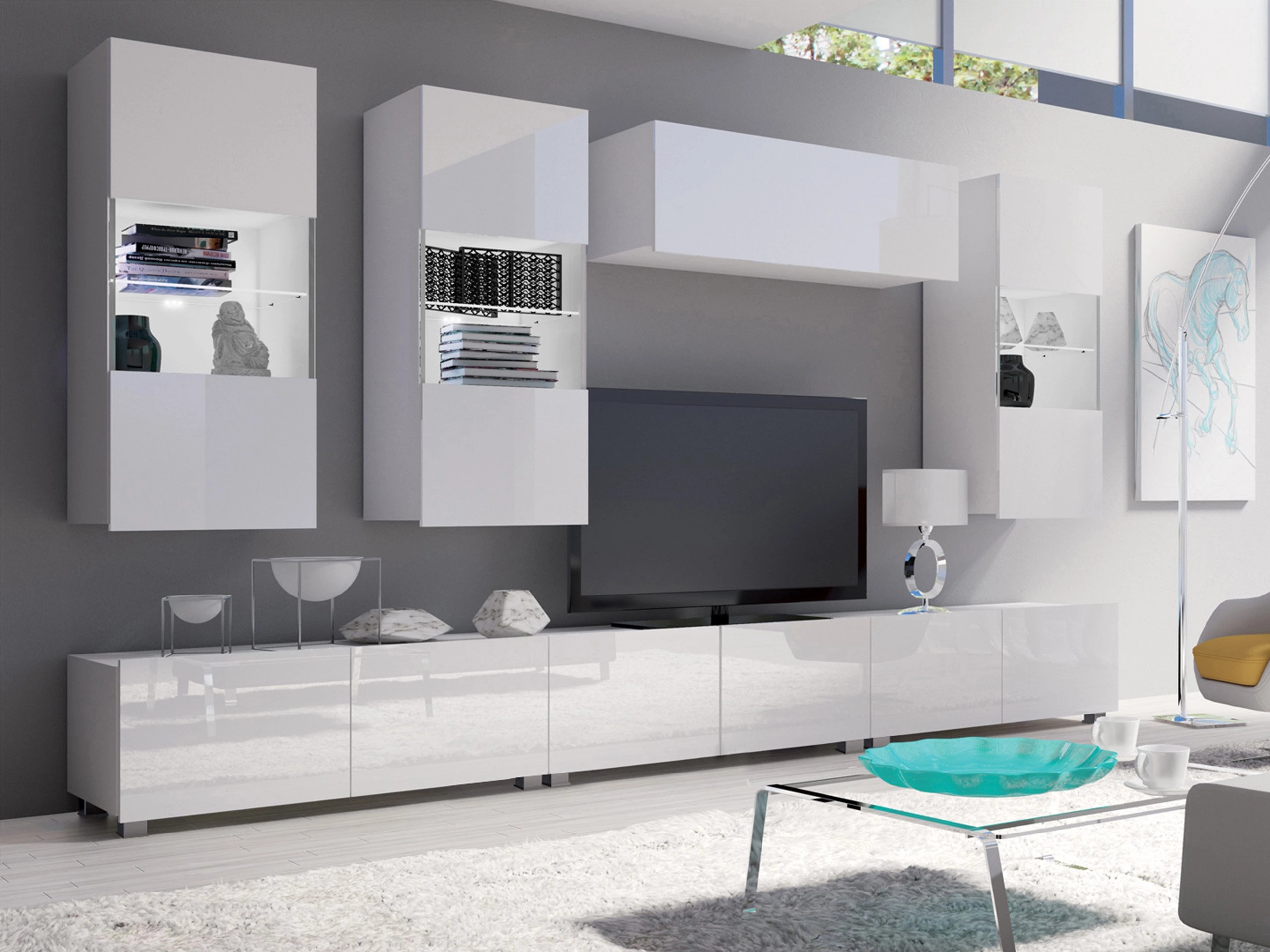 Conjunto para sala de estar Remus XI (Branco + Branco brilhante)