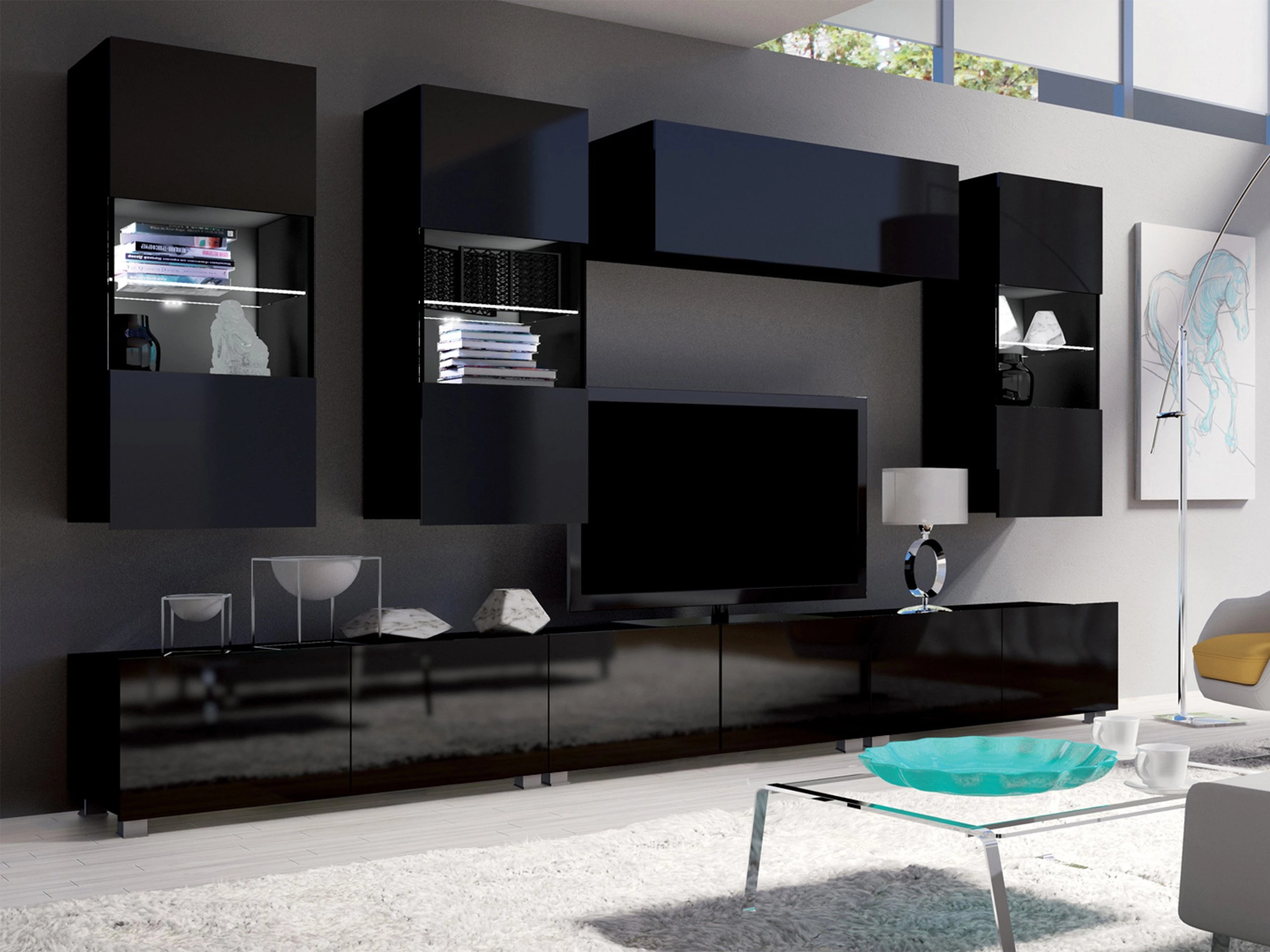 Conjunto para sala de estar Remus XI (Preto + Preto brilhante)