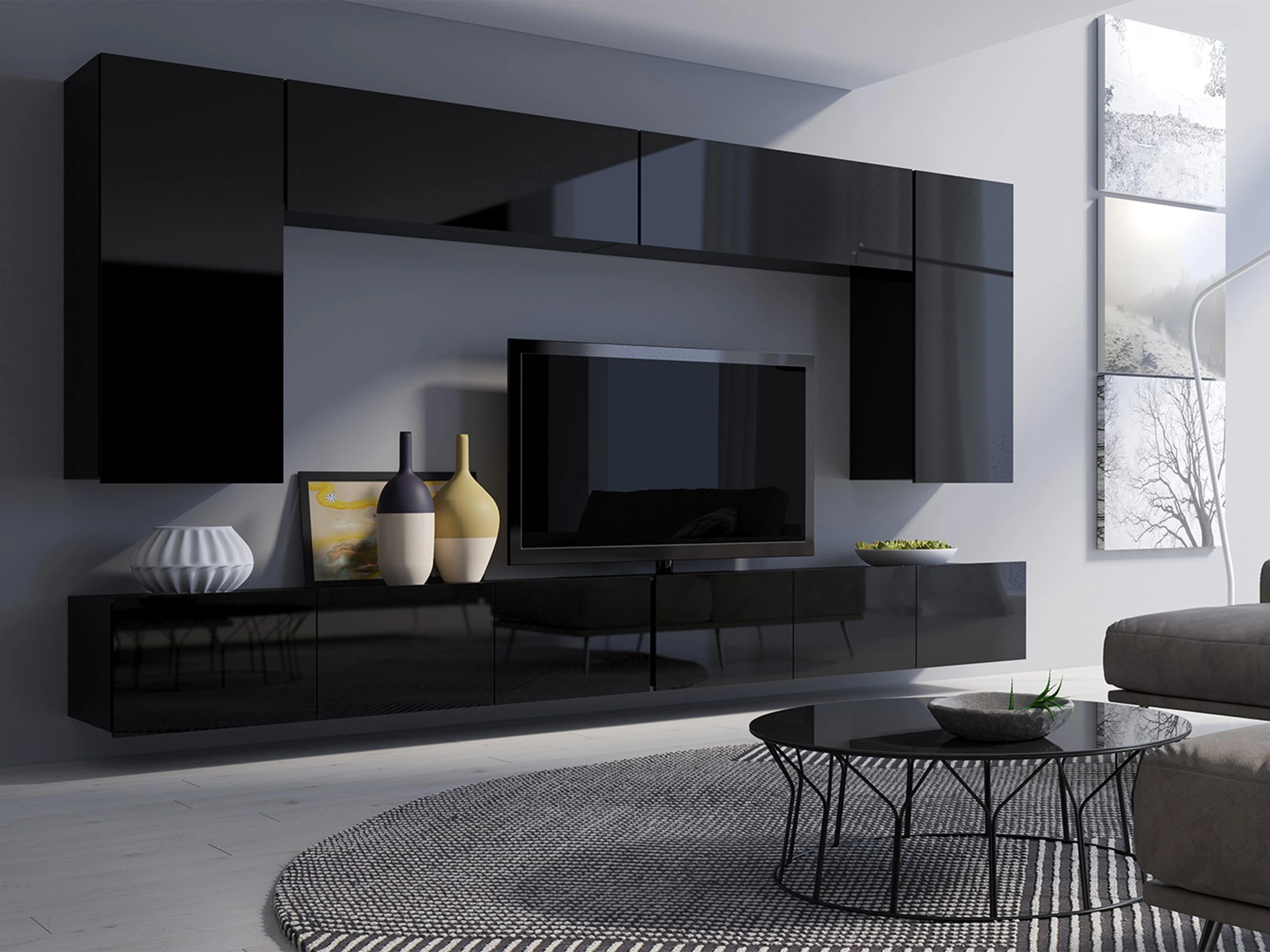 Conjunto para sala de estar Remus XIII (Preto + Preto brilhante)