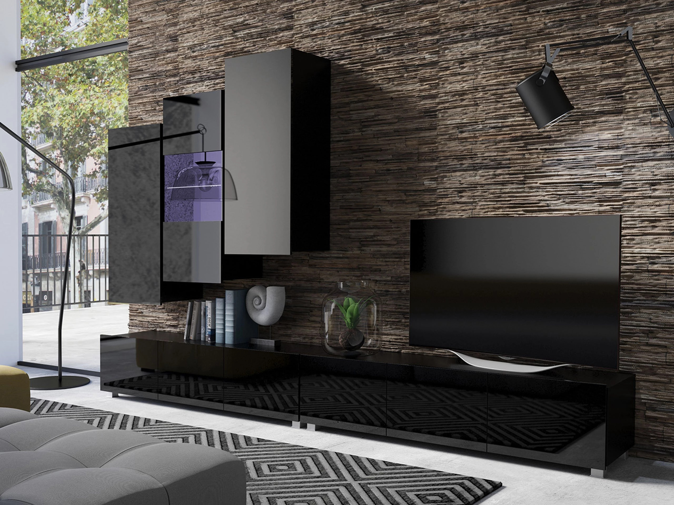 Conjunto para sala de estar Remus XVII (Preto + Preto brilhante)