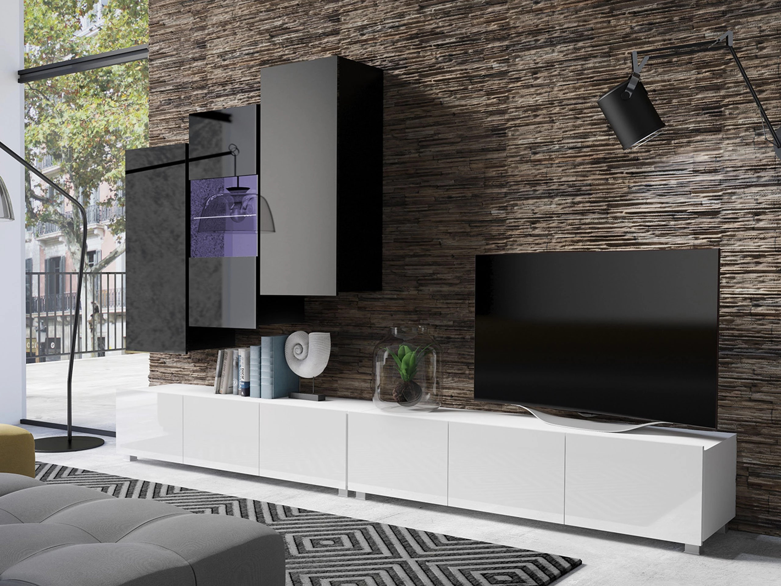 Conjunto para sala de estar Tivdalu 133 (Branco + Branco brilhante + Preto + Preto brilhante)