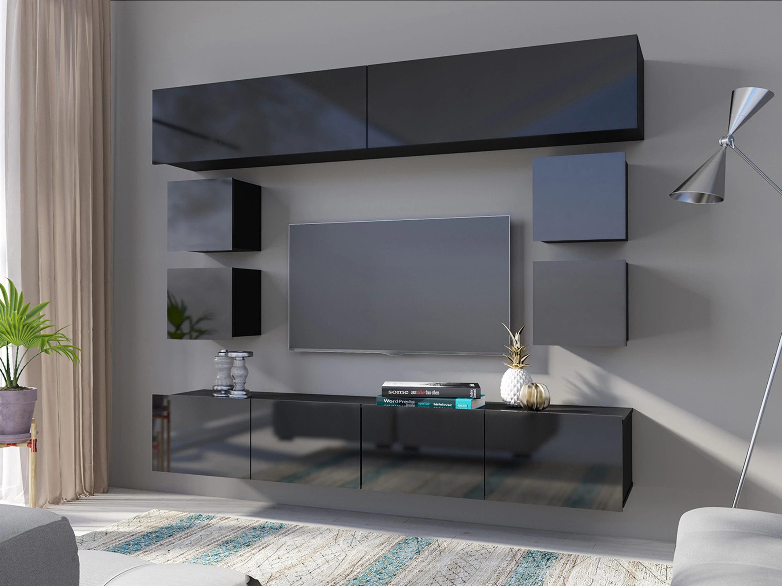 Conjunto para sala de estar Remus XVI (Preto + Preto brilhante)