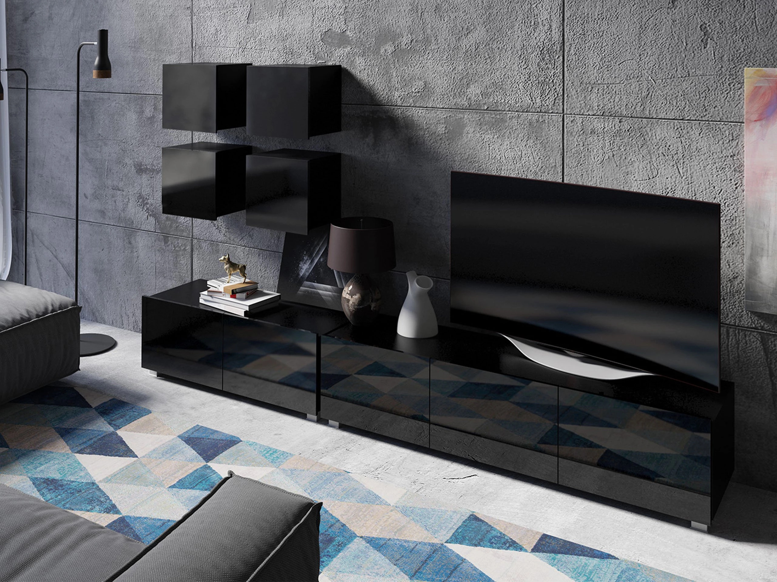 Conjunto para sala de estar Remus XVIII (Preto + Preto brilhante)